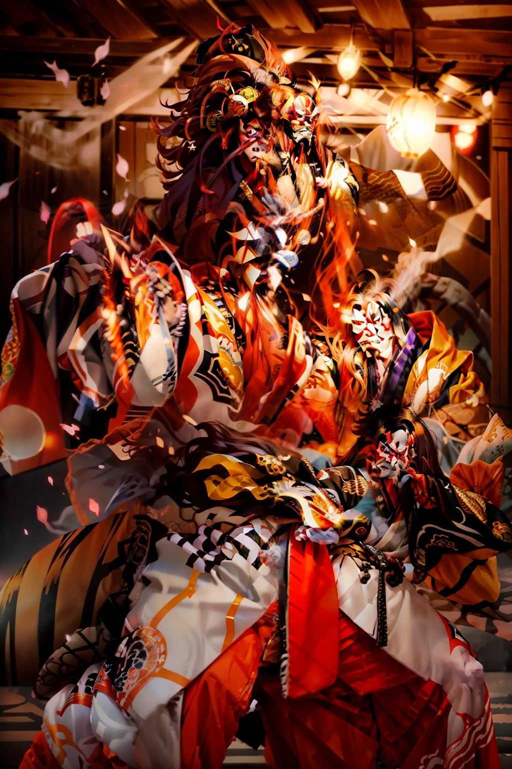 Kabukiza,Kabuki actor,ember,male people,Kime Pose,Long hair,Scary face,The background is the stage,a cool,realisitic,a picture,