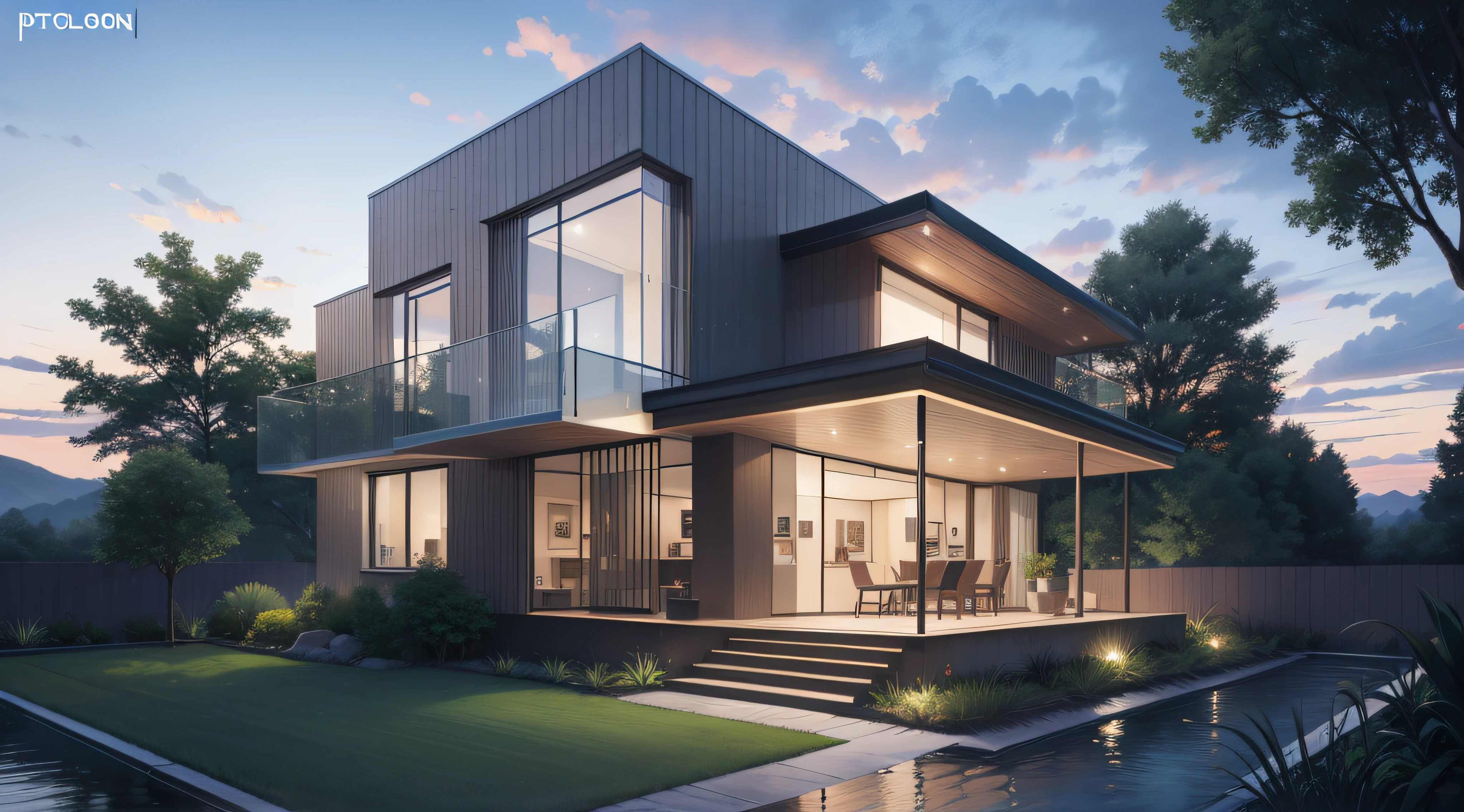 modern villa, 2 floors in the landscape, photographic, hyper realistic