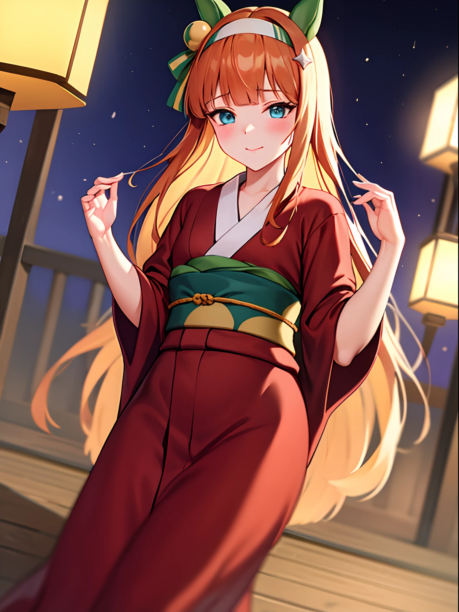 masterpiece, Best Quality,top-quality,{{{Silence Suzuka/Umamusume}}},{{orange very long hair}},{{White headband}},{{{Green horse ears}}},Light blue eyes,Look at viewers,red blush,smil,a closed mouth,lipsticks,{{{Very small breasts}}},{{{Kimono with open chest}}},Fallen kimono,no-bra,{{{Luxurious kimono in black color}}},{{{Pictures of the Dark}}},{{{lantern}}},{{{Tatami Japanese-style room}}}}