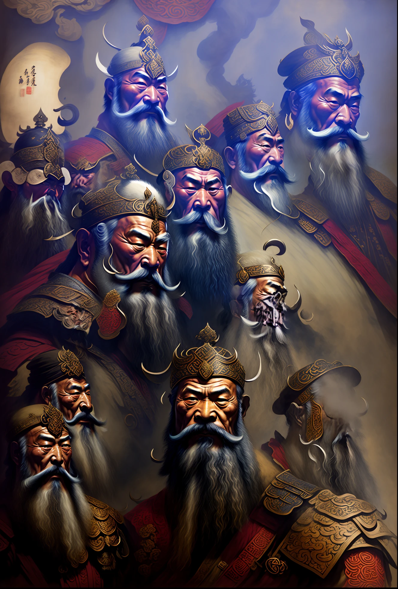 painting of a group of men with masks and a beard, by Li Di, by Li Kan, by Wen Boren, chinese three kingdoms, guan yu, by Sheng Maoye, by Li Zai, bian lian, bo xun ling, by Liu Jue, from three kingdoms, by Cheng Zhengkui, by Zhang Wo, wang liang