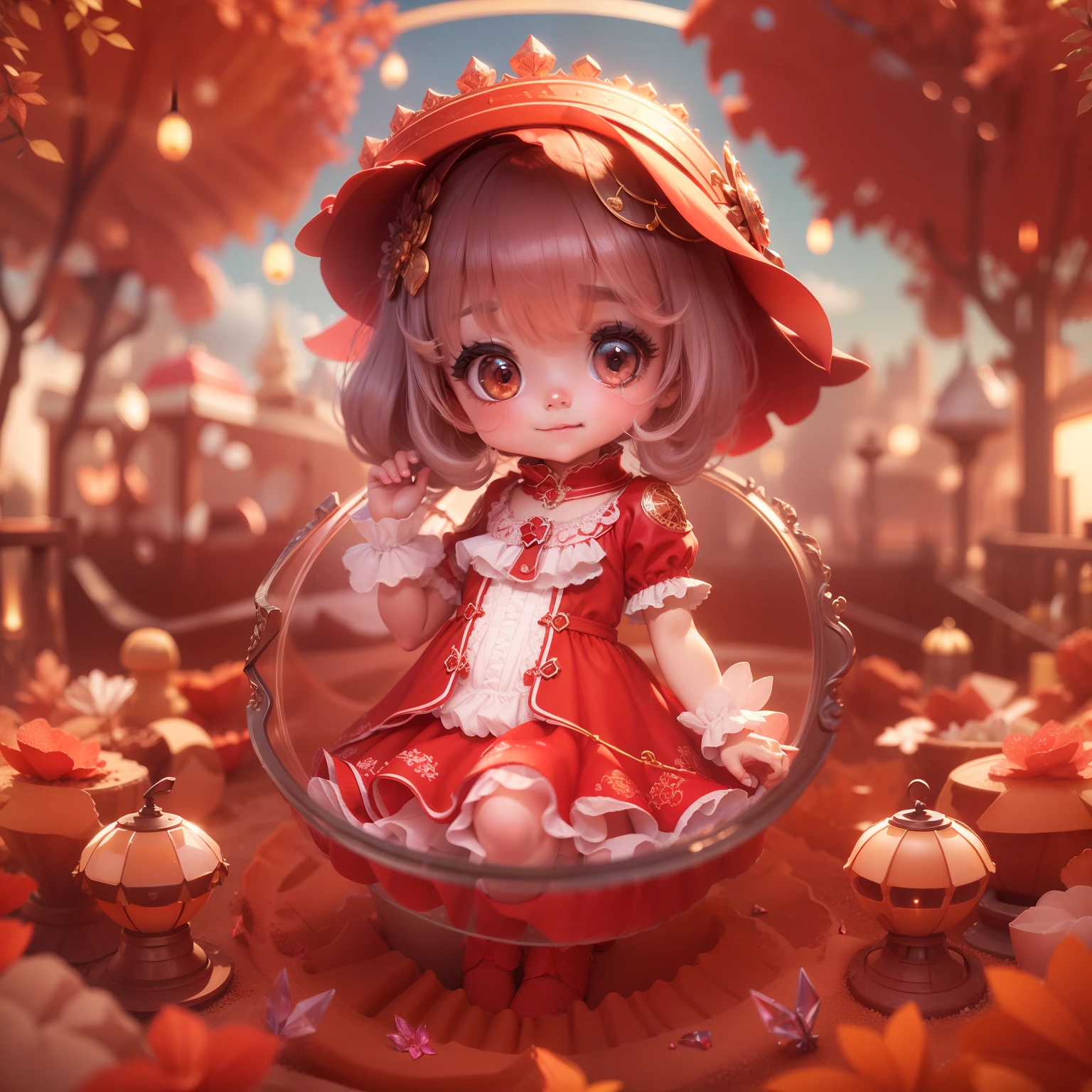 (sandbox:1.4),in a panoramic view，Solo, full body Esbian，tchibi，Cute little girl, wearing red dress，a panoramic view，Delicate headgear，ssmile，Rococo style，Glass material，crystal material，ighly detailed, cinematic lighting effect，8k，tmasterpiece，offcial art