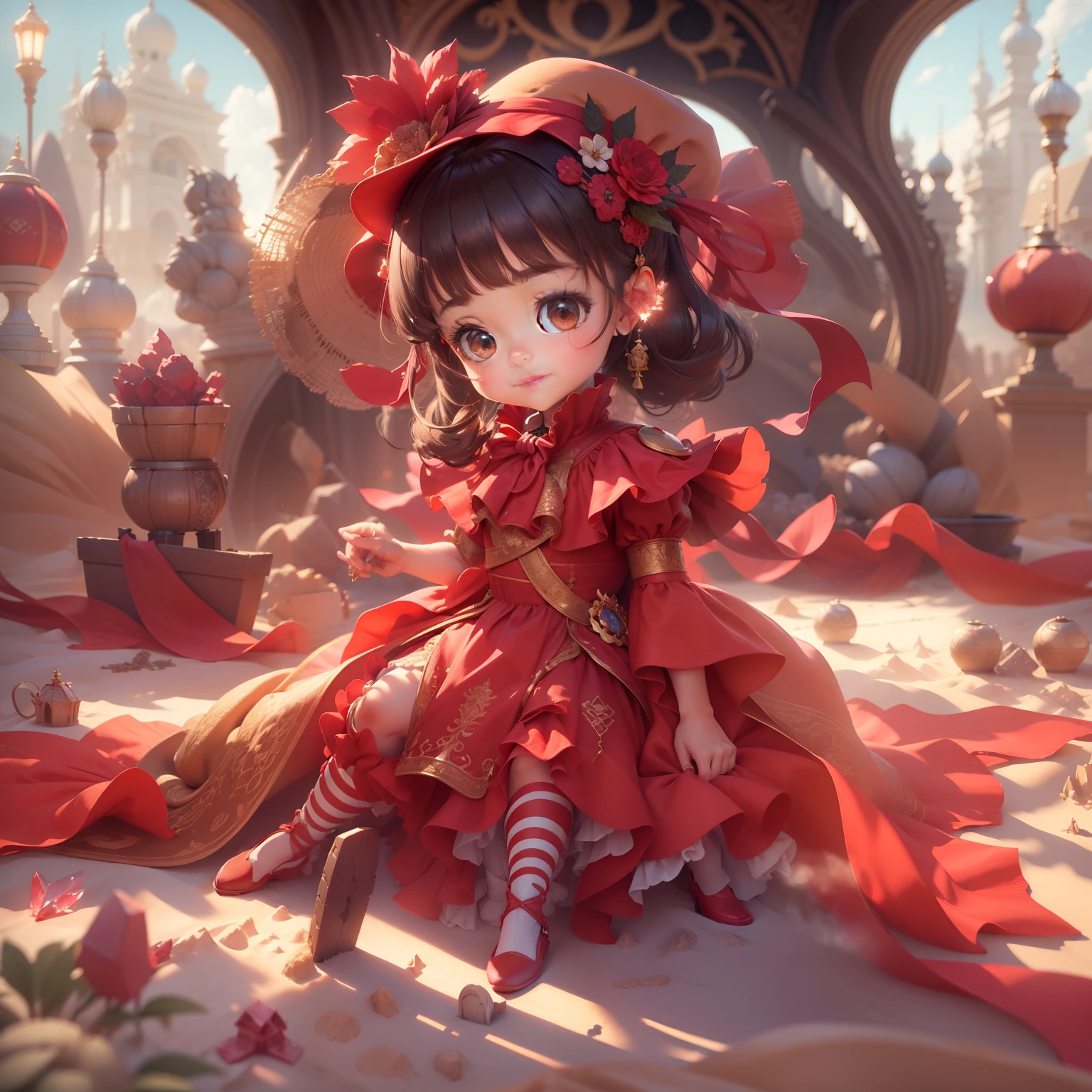 (sandbox:1.4),in a panoramic view,Solo, full body Esbian,tchibi,e litrl, wearing red dress,a panoramic view,Delicate headgear,ssmile,Rococo style,Glass material,crystal material,ighly detailed, cinematic lighting effect,8K,tmasterpiece,offcial art a smile