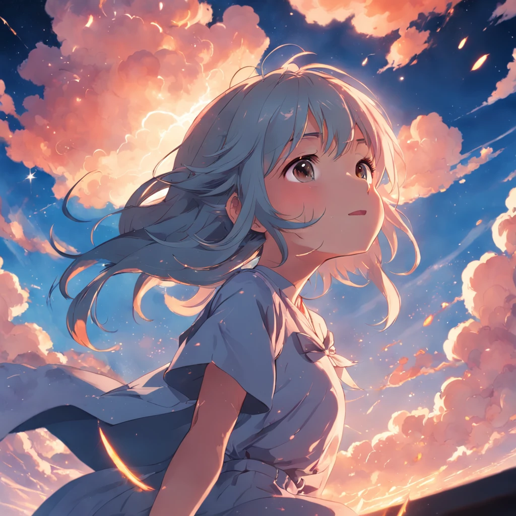 masterpiece, best quality, movie still, 1girl, cloud girl, floating in the sky, close-up, bright, happy, warm soft lighting, sunset, (sparks:0.7)