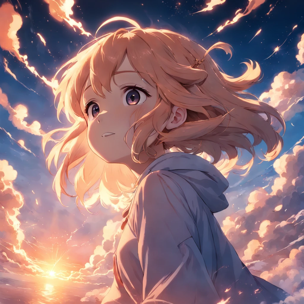 masterpiece, best quality, movie still, 1girl, cloud girl, floating in the sky, close-up, bright, happy, warm soft lighting, sunset, (sparks:0.7)
