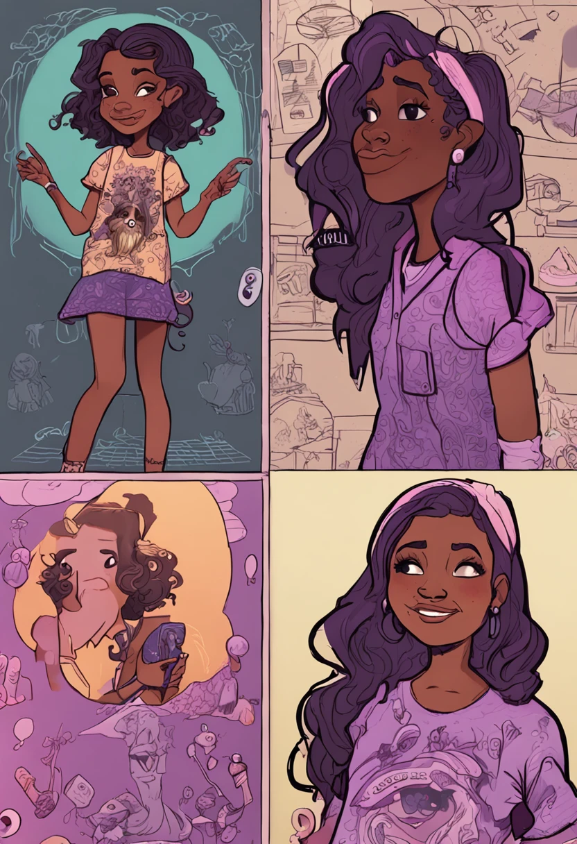 A 10 year old black girl with two animated drawings with a purple polkadot dress, full body portrait of a short girl!, Annabeth Chase, inspired by Lois van Baarle, urban girl fanart, detailed fanart, girl portrait or kaikamahine zodiac, Girl standing, style gravity falls, Amy Sol no style de, Full body character portrait, Full body character portrait, Loish Van Baarle complete this image