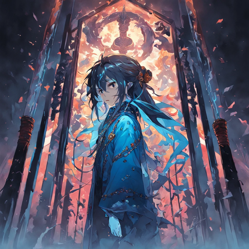 A blue scarf,It was chained to a broken pillar with a black spear,There is a glass cover underground,Bright magic arrays floated around(Dark background:1.4),(The silhouette of the demon head is a blurry reflection on the glass, Eyes closed, colorfull long hair, Oriental elements),(Chinese illustration:1.3,paper art:1.3, Quilted paper art:1.2),Blur on the other side of the mirror,