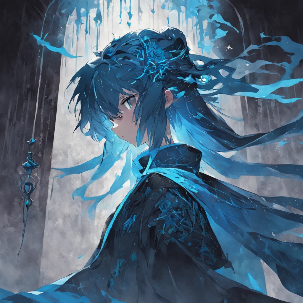 A blue scarf,It was chained to a broken pillar with a black spear,There is a glass cover underground,Bright magic arrays floated around(Dark background:1.4),(The silhouette of the demon head is a blurry reflection on the glass, Eyes closed, colorfull long hair, Oriental elements),(Chinese illustration:1.3,paper art:1.3, Quilted paper art:1.2),Blur on the other side of the mirror,