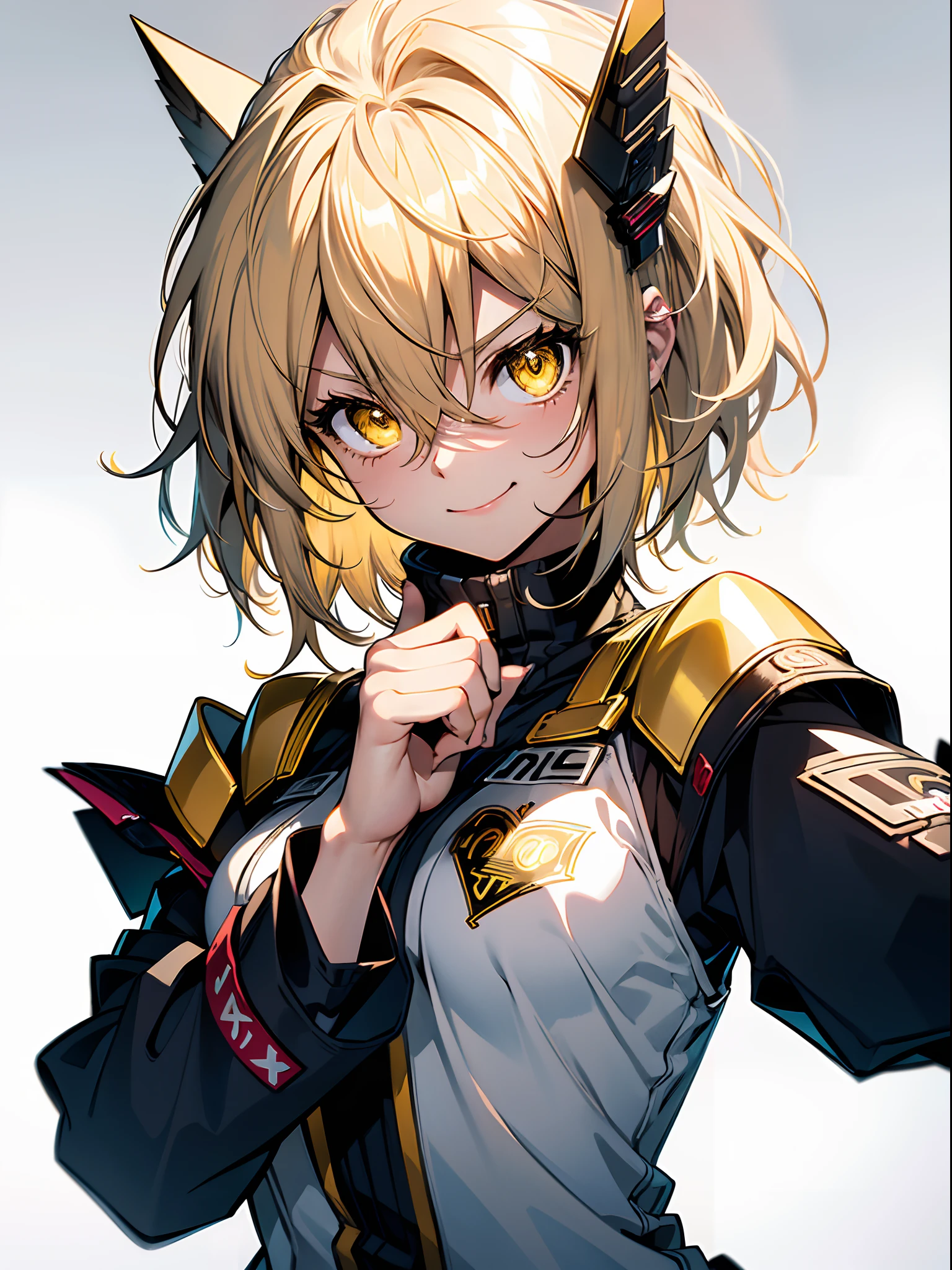 Portrait of a 19 year old girl, (masterpiece, sidelighting, finely detailed beautiful eyes: 1.2), ((best quality)), ((masterpiece)), (highly detailed:1.3), anime, li girl, small chest, childish body, (yellow eyes, excited eyes, star pupils), (smug smirk, cheerful smile, fang), (short-medium hair, golden blonde hair, messy haircut), (detailed drawn hands, finely drawn fingers), yellow tatto on left hand, heart tatto on cheek, solo, by QYS3 pixiv artwork, shoulder length messy hair, happy, Full body, beautiful anime waifu style girl, hyperdetailed painting, 4k resolution, fractal isometrics details bioluminescence,, octane render, intricately detailed , cinematic, hand drawn, intricate, hit definition, cinematic, bold lines, on paper, messy hair, simple clothes, 21st century, she's comic book art style