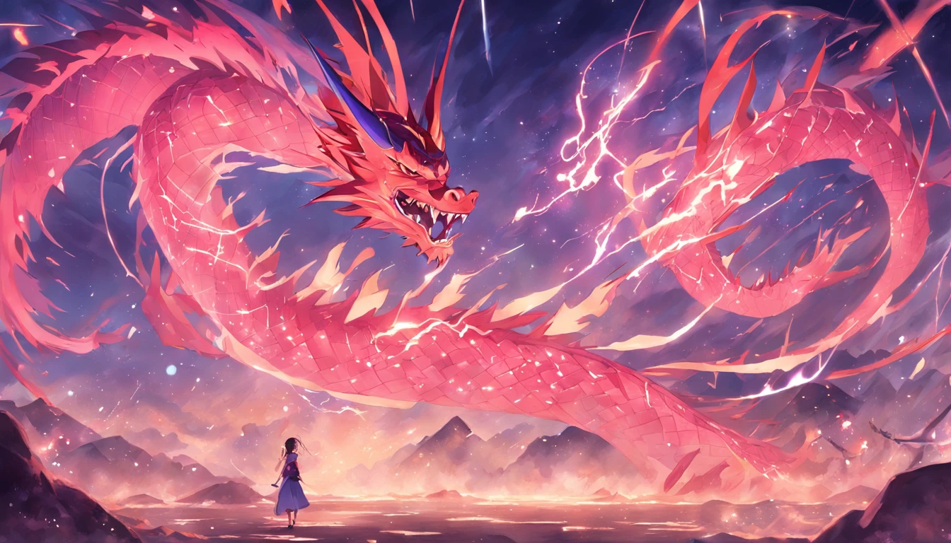 （shoun），Hand-held bamboo cane，（Purple dragon），（Lightning dances in the air），（Lightning effects：1.5）,Elongated dragon body，elevation，Faraway view，super detailing，best qualtiy，tmasterpiece，8K，Extremely detailed，Epic artwork