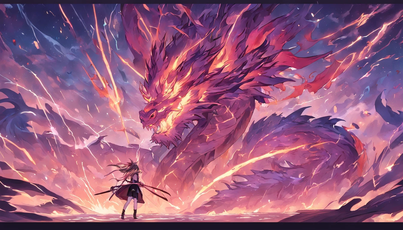 （shoun），Hand-held bamboo cane，（Purple dragon），（Lightning dances in the air），（Lightning effects：1.5）,Elongated dragon body，elevation，Faraway view，super detailing，best qualtiy，tmasterpiece，8K，Extremely detailed，Epic artwork
