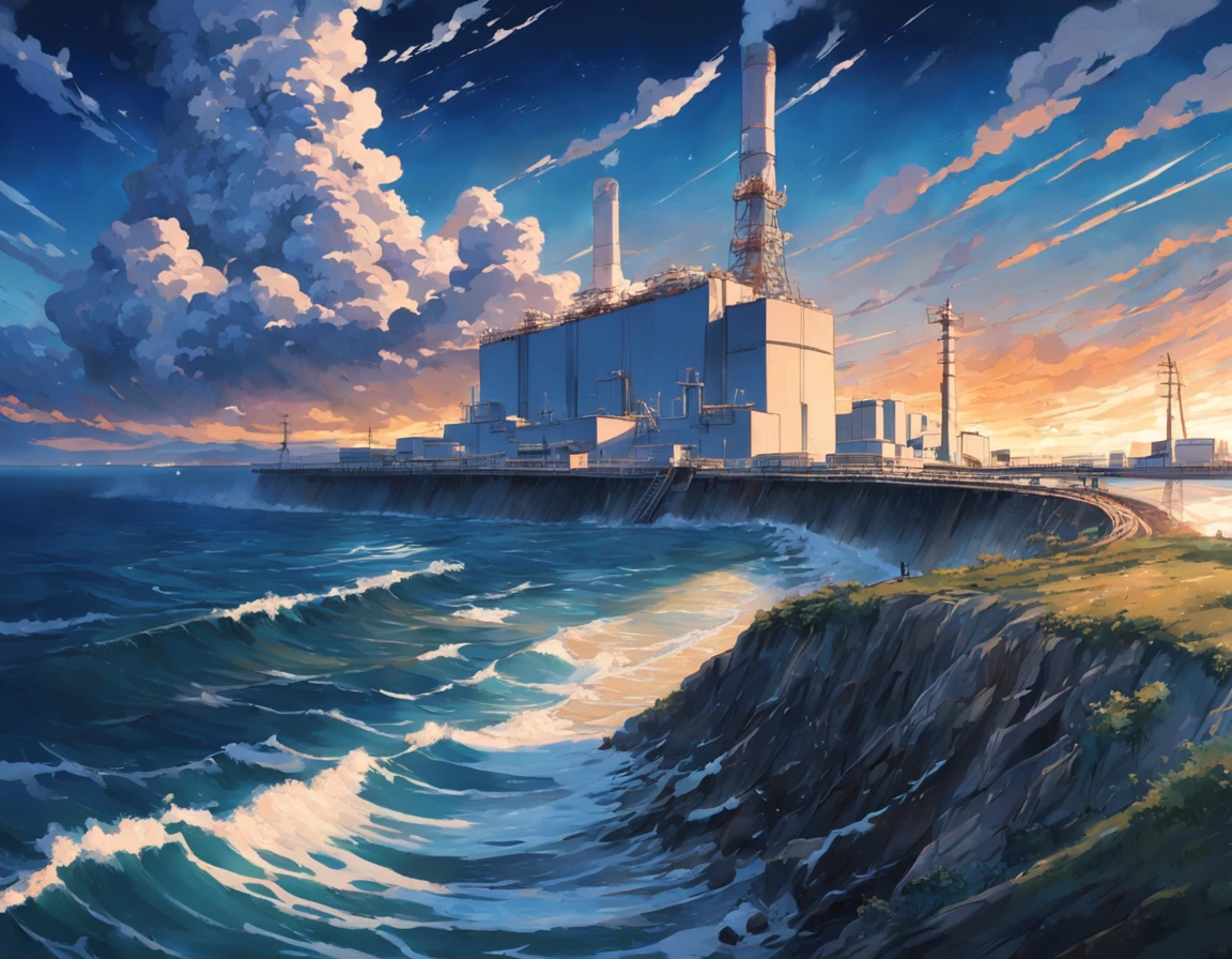 Depicting the appearance of the Fukushima nuclear power plant, Show the drain,Dumping contaminated water into the ocean. Emphasize the contrast between nuclear power plants and the vast sea