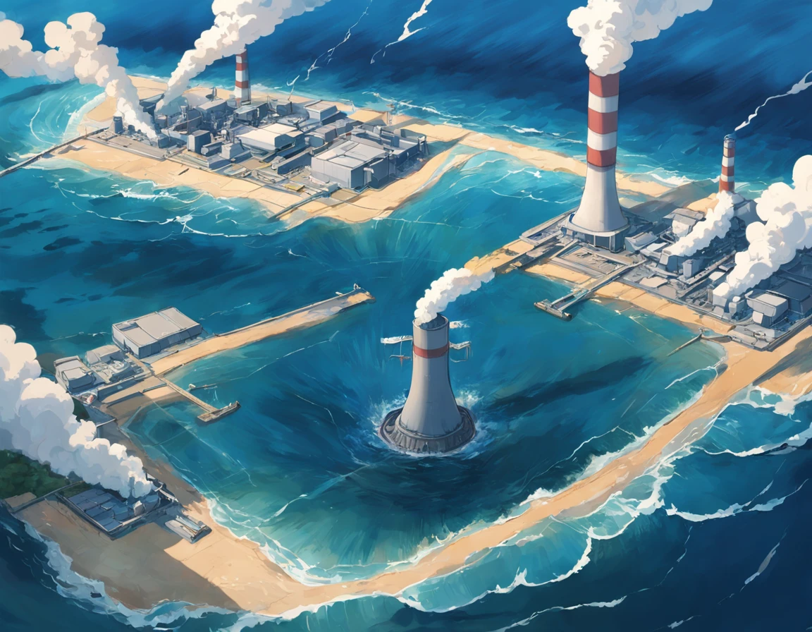 Depicting the appearance of the Fukushima nuclear power plant, Show the drain,Dumping contaminated water into the ocean. Emphasize the contrast between nuclear power plants and the vast sea