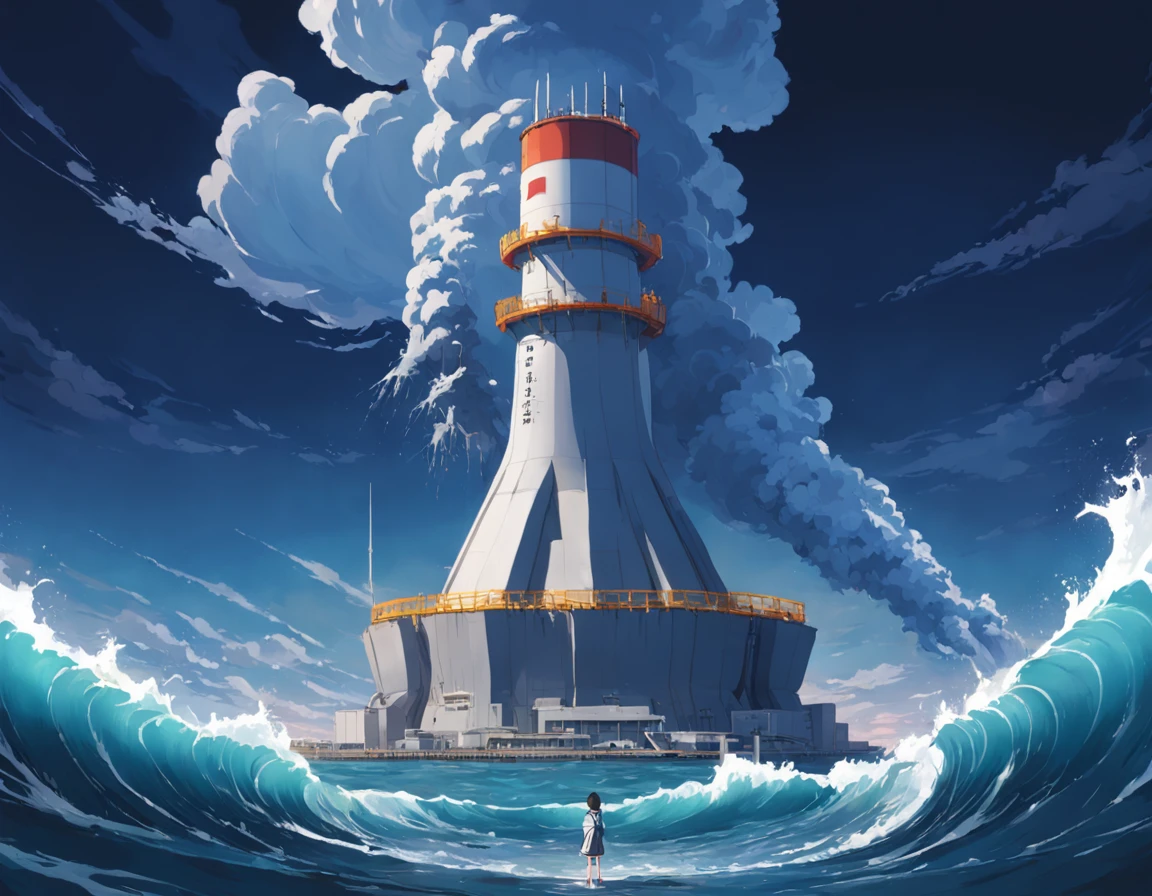 Depicting the appearance of the Fukushima nuclear power plant, Show the drain,Dumping contaminated water into the ocean. Emphasize the contrast between nuclear power plants and the vast sea
