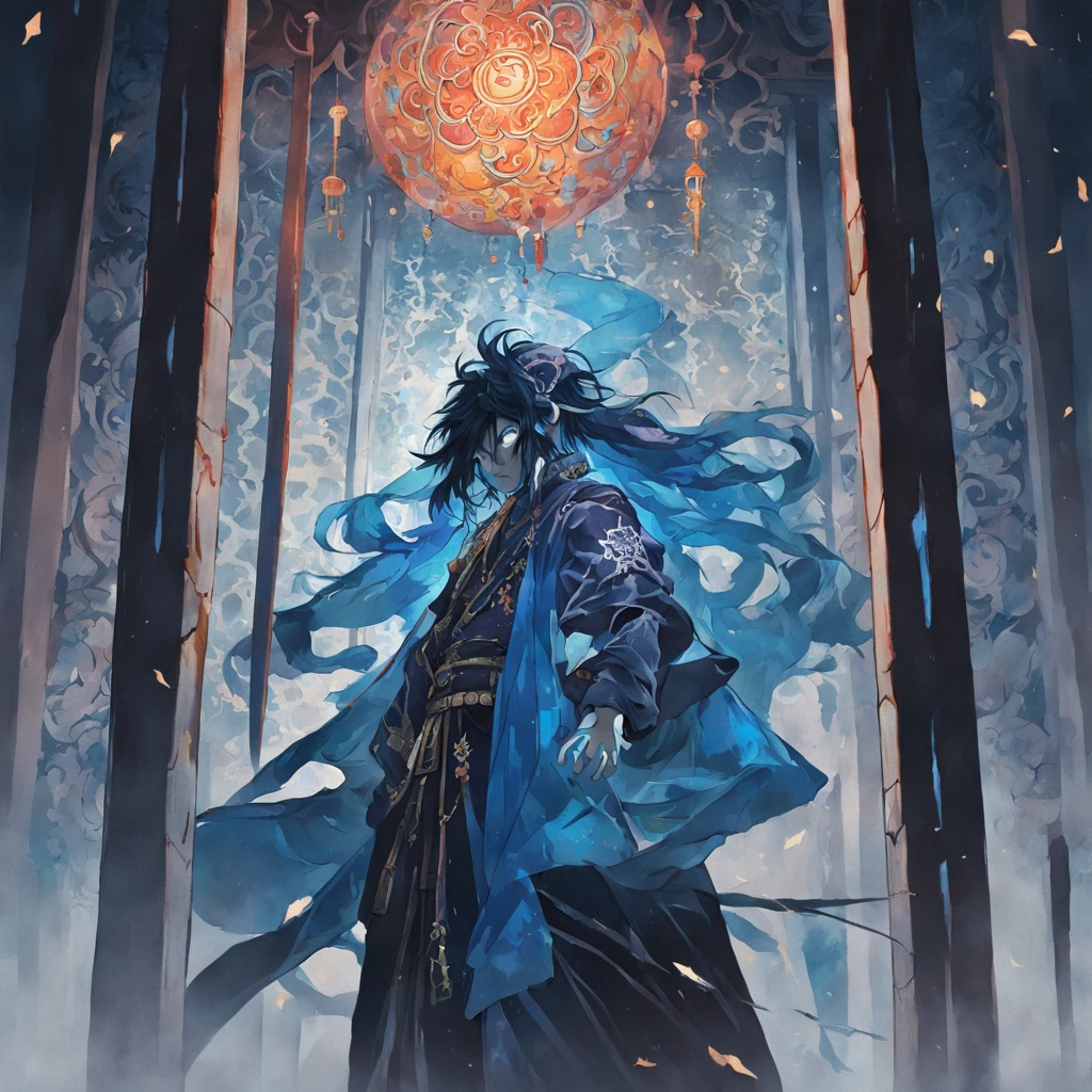 A blue scarf,It was chained to a broken pillar with a black spear,There is a glass cover underground,Bright magic arrays floated around(Dark background:1.4),(The silhouette of the demon head is a blurry reflection on the glass, Eyes closed, colorfull long hair, Oriental elements),(Chinese illustration:1.3,paper art:1.3, Quilted paper art:1.2),Blur on the other side of the mirror,