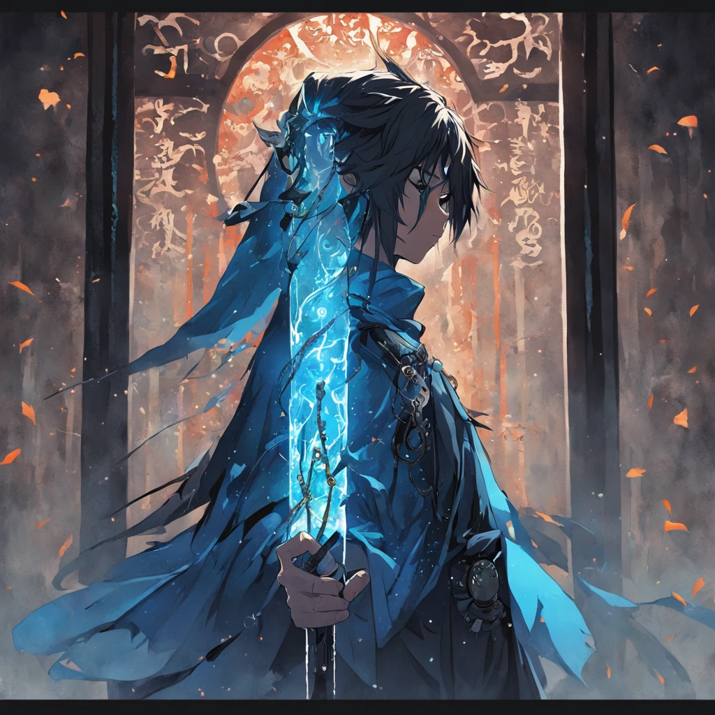 A blue scarf，It was chained to a broken pillar with a black spear，There is a glass cover underground，Bright magic arrays floated around(Dark background:1.4),(The silhouette of the demon head is a blurry reflection on the glass, Eyes closed, colorfull long hair, Oriental elements)，(Chinese illustration:1.3，paper art:1.3, Quilted paper art:1.2),Blur on the other side of the mirror,