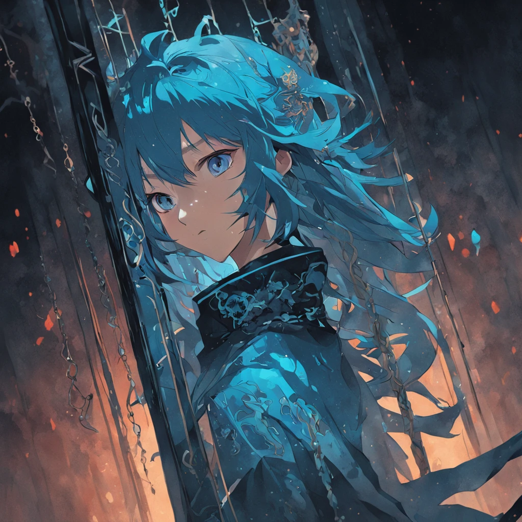 A blue scarf，It was chained to a broken pillar with a black spear，There is a glass cover underground，Bright magic arrays floated around(Dark background:1.4),(The silhouette of the demon head is a blurry reflection on the glass, Eyes closed, colorfull long hair, Oriental elements)，(Chinese illustration:1.3，paper art:1.3, Quilted paper art:1.2),Blur on the other side of the mirror,