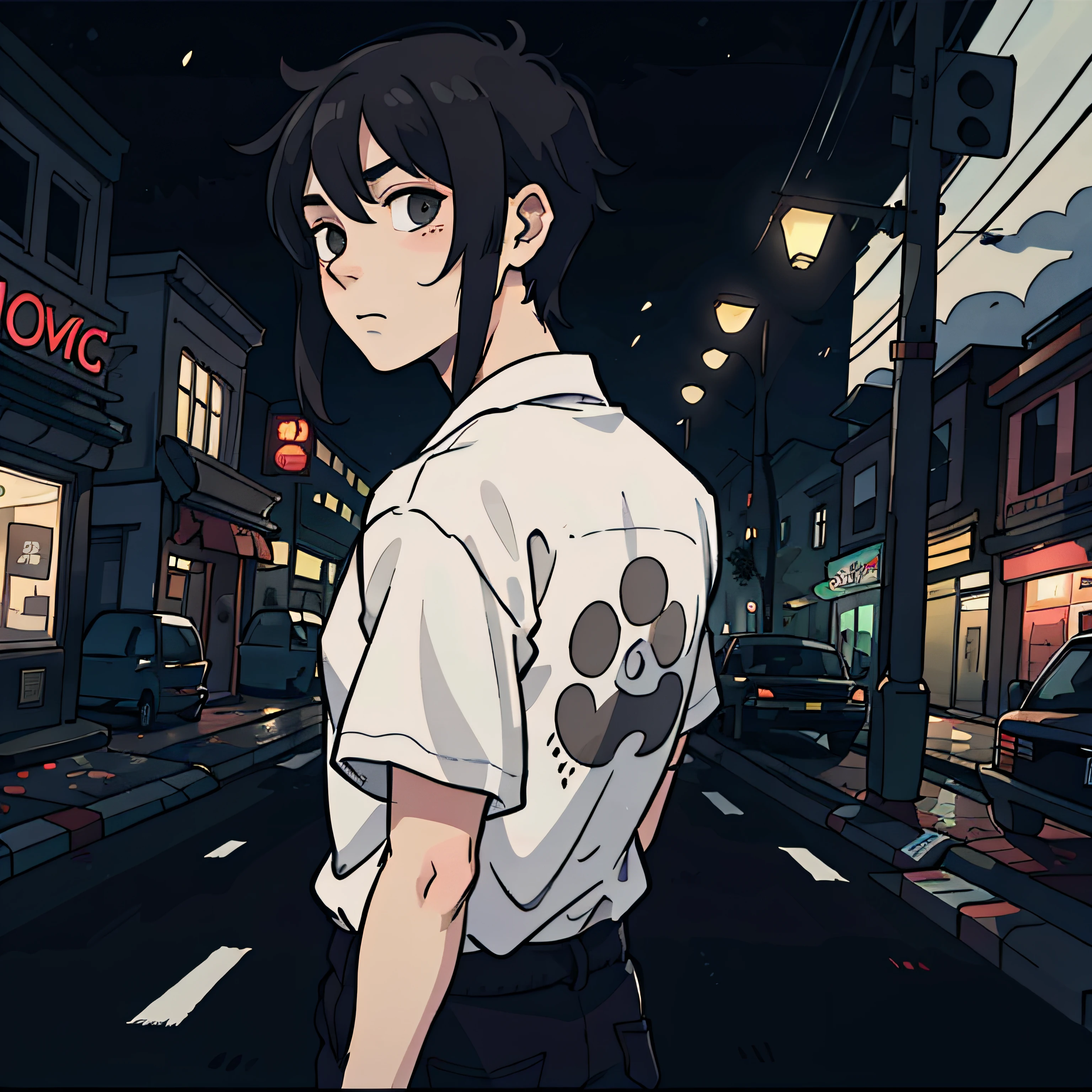 Ridiculous resolution，A high resolution，（tmasterpiece：1.4），Hyper-detailing，The young man's short black hair was disheveled，Wearing a white shirt，A calm expression，Back shadow，In the middle of empty streets，Zombie apocalypse，Zombie outbreak