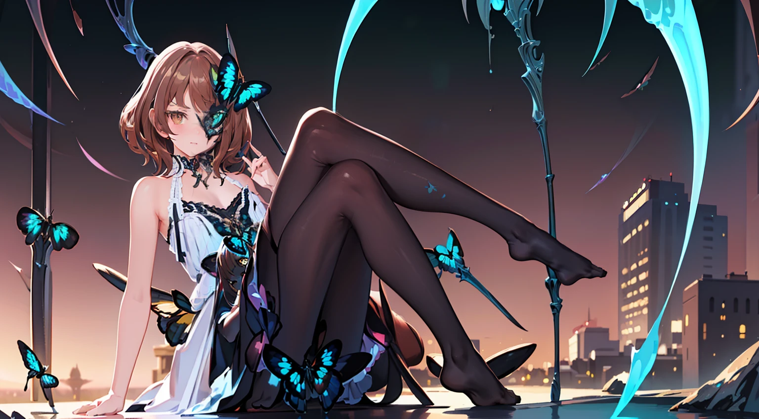 ((Best quality)), ((Masterpiece)), ((Ultra-detailed)), (illustration), (Detailed light), (An extremely delicate and beautiful),Dramatic perspective,A charming young girl,Short brown hair,Brown pupils,Lace pantyhose,scythe,Left eye butterfly eye patch,themoon,the night