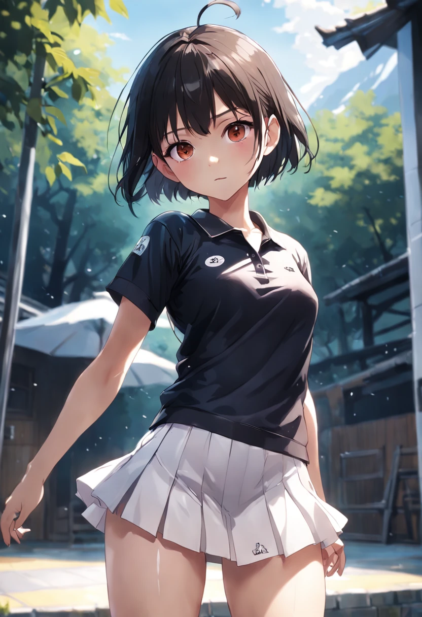 1girll, 独奏, Black polo shirt, Barefoot, tennis wear, white mini-skirt, tmasterpiece, Best quality at best, realisticlying, ultra - detailed, (shiny skins, perspired:1.4), absurderes, looking at viewert, with short black hair, with brown eye,slenderness,Dynamic light and shadow,A high resolution,Sharp focus,depth of fields,The eyes are delicate,Sharp pupils,pupil realistic,(Bigchest:1.6),(Thigh thick:1.0),exteriors,Skysky,Up the tree,Awa Onsen,taking a shower,rain,black lence stockings,Cocked buttocks,adolable,ssmile,clever，does not wear panties，spread their legs，masturbation