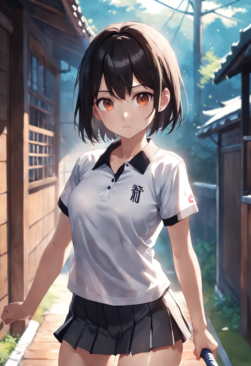 1girll, 独奏, Black polo shirt, Barefoot, Tennis Wear, white mini-skirt, tmasterpiece, best qualtiy, realisticlying, ultra - detailed, (shiny skins, perspired:1.4), absurderes, looking at viewert, With short black hair, with brown eye,slenderness,dynamic light and shadow,hight resolution,Sharp Focus,depth of fields,The eyes are delicate,Sharp pupils,pupil realistic,(Bigchest:1.6),(Thighs thick:1.0),outside of house,Skysky,Climbing trees,Awa Onsen,being hit in the shower,Rain,black lence stockings,cocked ass,adolable,ssmile,clever,Do not wear panties,Spread your legs apart,masturbation
