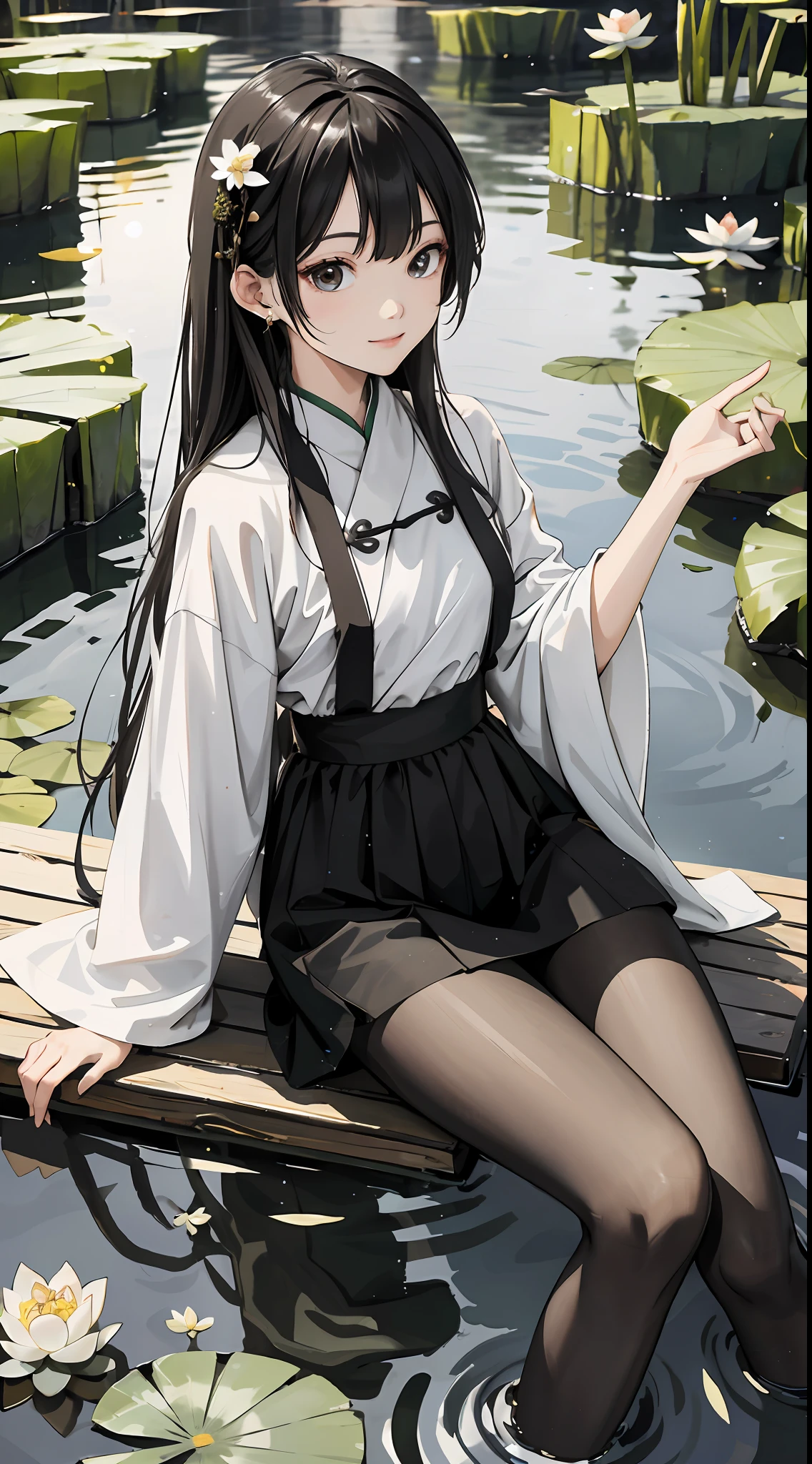hoang lap,8K high resolution,ultra - detailed,(1girll:1.3),handpainted,Simple lines,16-year-old girl wearing colorful Chinese clothes and black pantyhose,beuaty girl,In the lotus pond,tmasterpiece,Sit on a plank floating in the water,Floating hair,looking toward the viewer,ssmile,posed for photo,