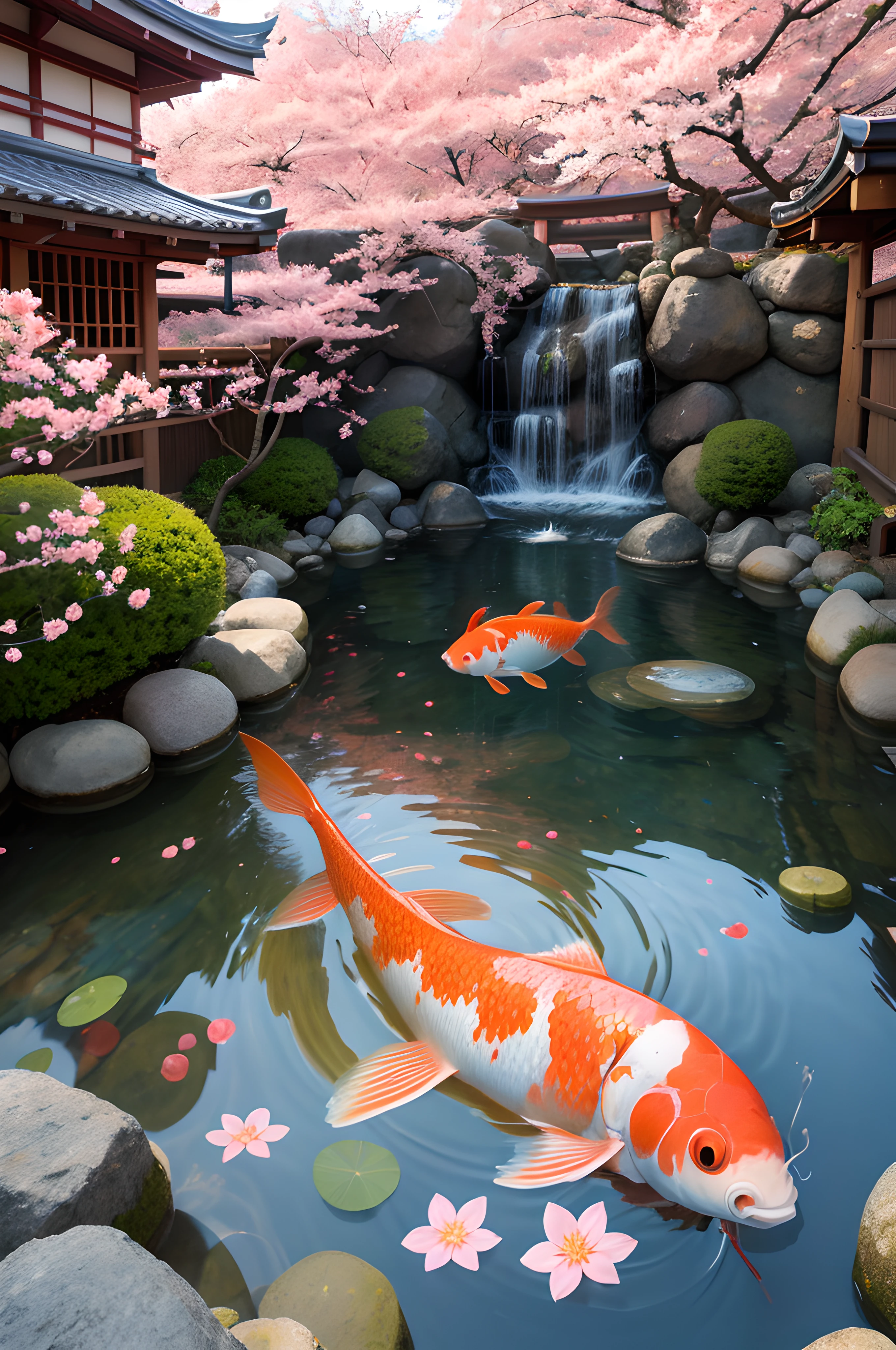ancient Japanese art style, adorable, playful, cherry blossoms and a cherry in a vibrant koi fishpond with shimmering water, pastel triadic colors, volumetric lighting