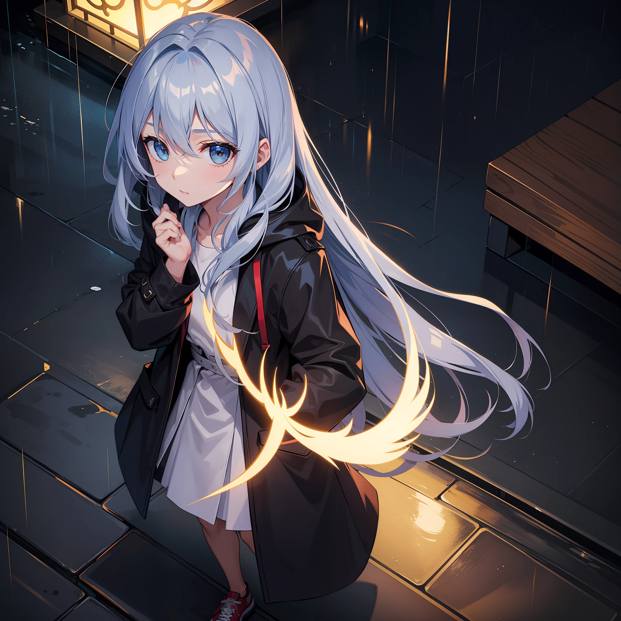 Kizi,Night town,rain,Coat,Hands in pockets,Top view,com rosto detalhado,