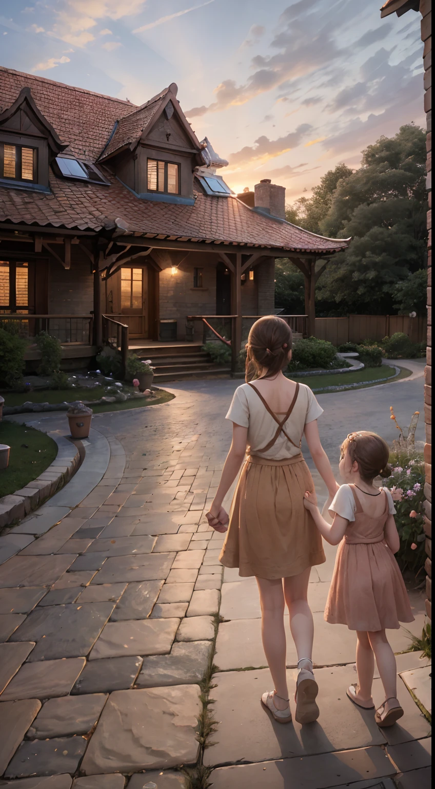 A high resolution, imagination, (Realistic rustic brick bungalow), Clear sky at sunset, composition, the sunset, (hdr:1.5), exteriors, Complicated details,A holds her mother's hand,The backs of two people,Go home happy,Peach tree,