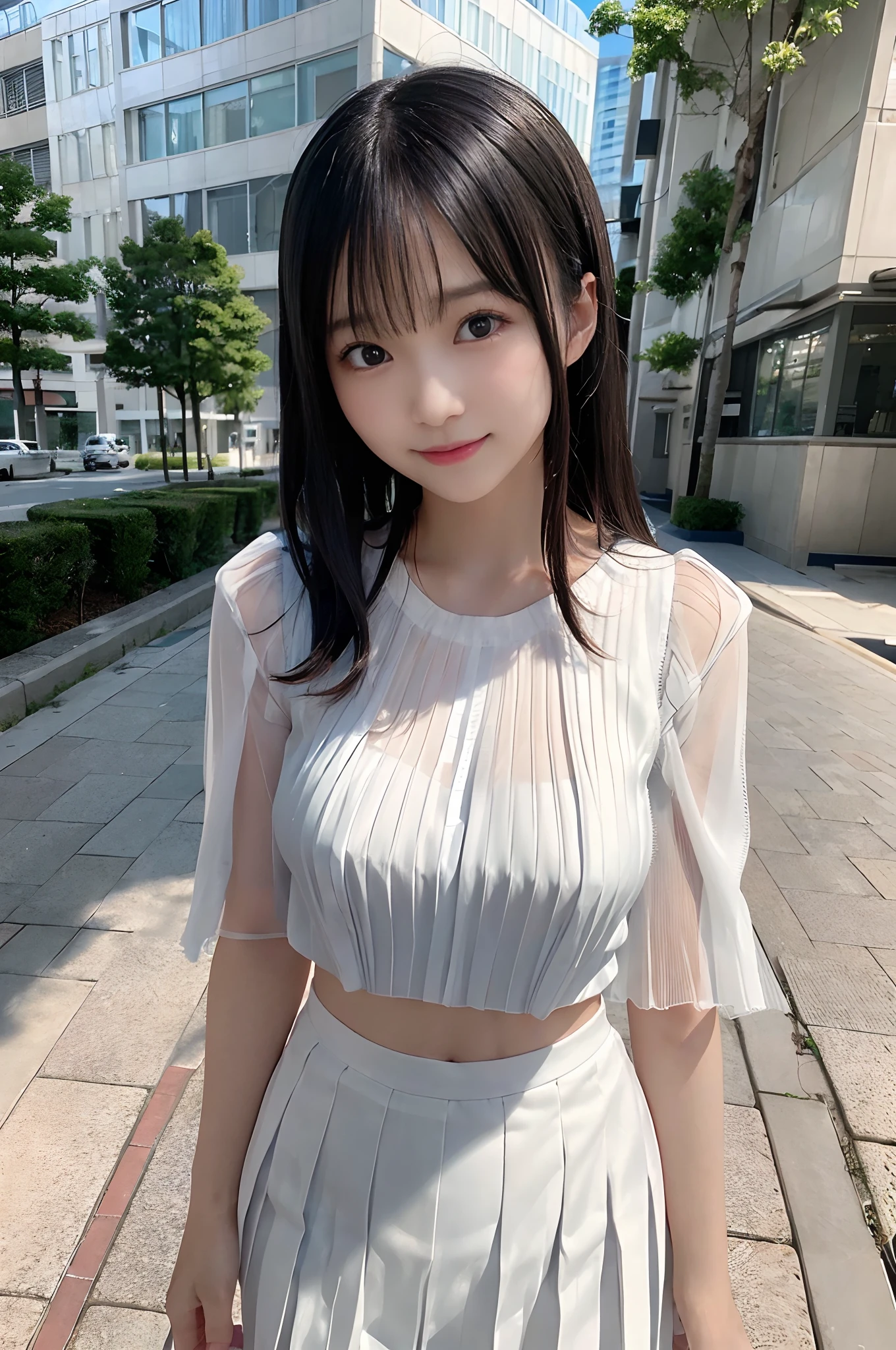 masterpiece, best quality, photorealistic, raw photo, DSLR, 15-year-old beautiful Japanese girl, shiny fair skin, realistic beautiful no makeup face, realistic beautiful bright eyes, double eyelids, look at viewer, smiling, highly detailed shiny black short hair and bangs, disheveled hair, slim figure, slim face, slim waist, big breasts, ((white sheer shirt, pleated skirt, walk along riverside street)), realistic lighting and shadows, highly delicate and beautiful photo, ultra high resolution, 8k UHD wallpaper,