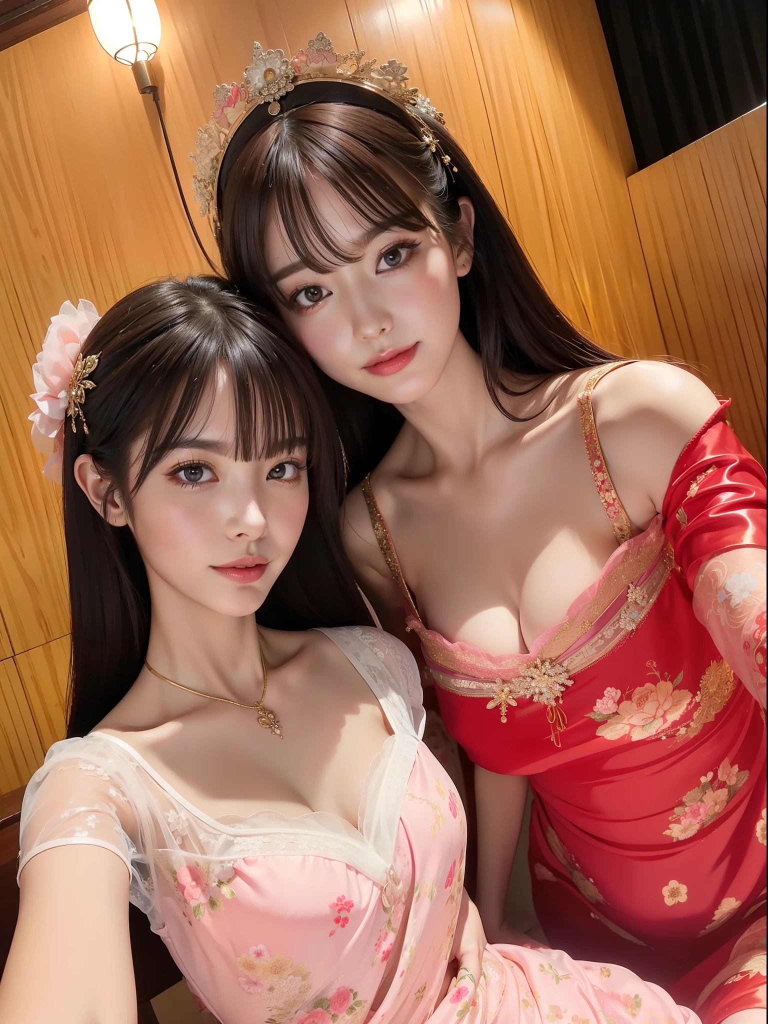 best qualtiy,tmasterpiece,A high resolution,1girll,Long hair and waist,Chinese-style nightdress,Floral chinoiserie,Chinese-style nightdress,Printed tulle nightdress,Bandeau nightdress,hair adornments,choker necklace,jewely,beautiful face,Red high-gloss lipstick,Physically,Dingdall effect,realisticlying,Dark Studio,edge lit,twotonelighting,(highdetailskin:1.2),hyper HD, Digital SLR, softlighting, high high quality, volumettic light, sneak shot, photore, A high resolution, 4K, 8K, Background bokeh,