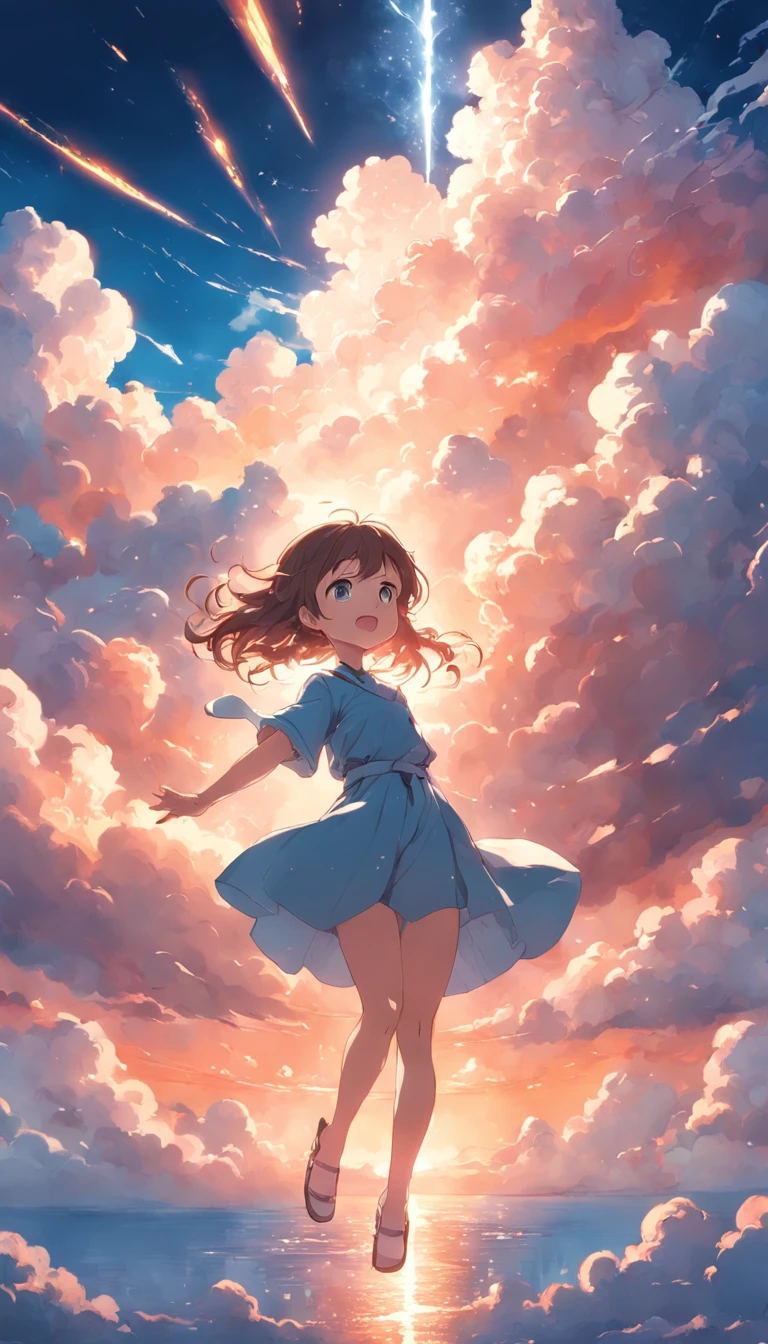 masterpiece, best quality, movie still, 1girl, cloud girl, floating in the sky, close-up, bright, happy, warm soft lighting, sunset, (sparks:0.7)
