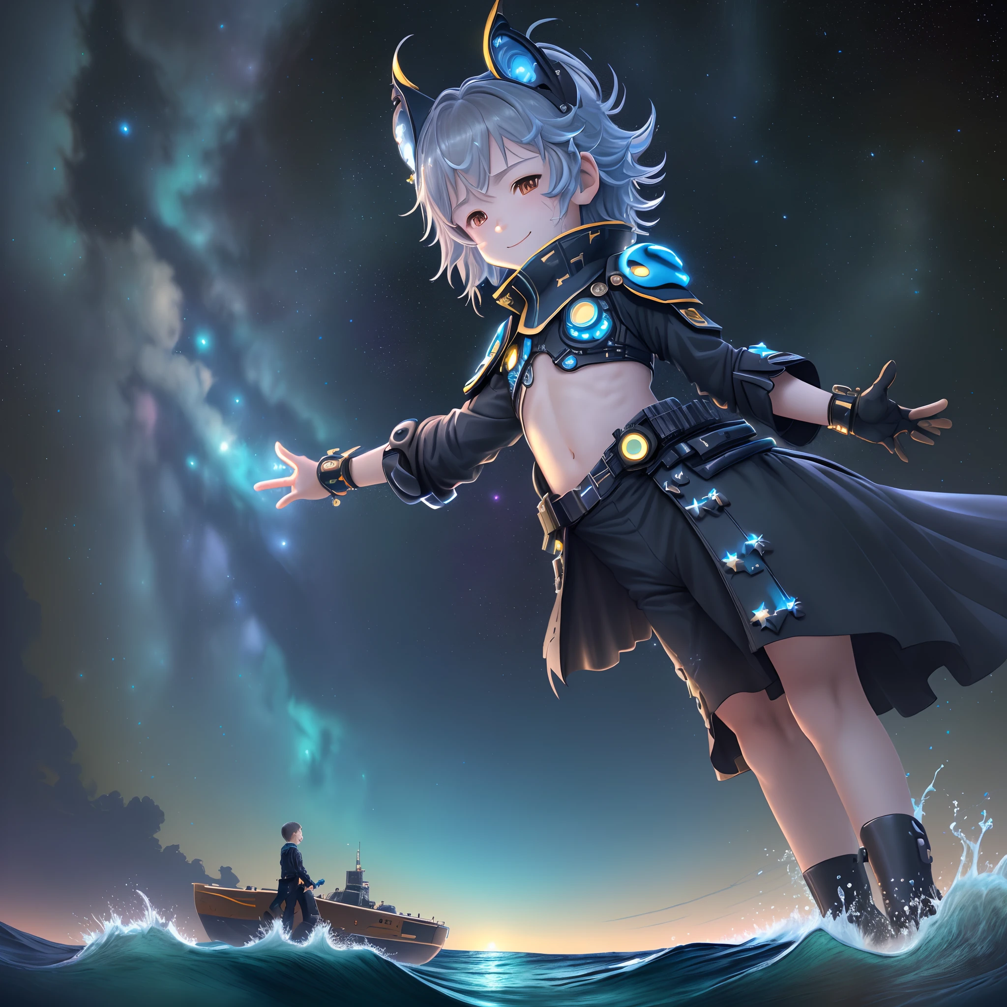 (((masterpiece))), (((best quality))), ((ultra-detailed)), (best illustration), (best shadow), ((an extremely delicate and beautiful)), official art, (artbook), extremely detailed 4k CG, original, (extremely detailed CG unity 8k wallpaper:1.1), (photorealistic), (illustration:1.1),
(star_night, starry_sky, cyberpunk, water_splashing, deep_ocean,:1.5),
mizuki \(arknights\), (a detailed boy:1.2), boy, (male child:1.2), smile, looking up at the sky,
exposed belly, exposed arm, (+++perfect hand+++:1.2),