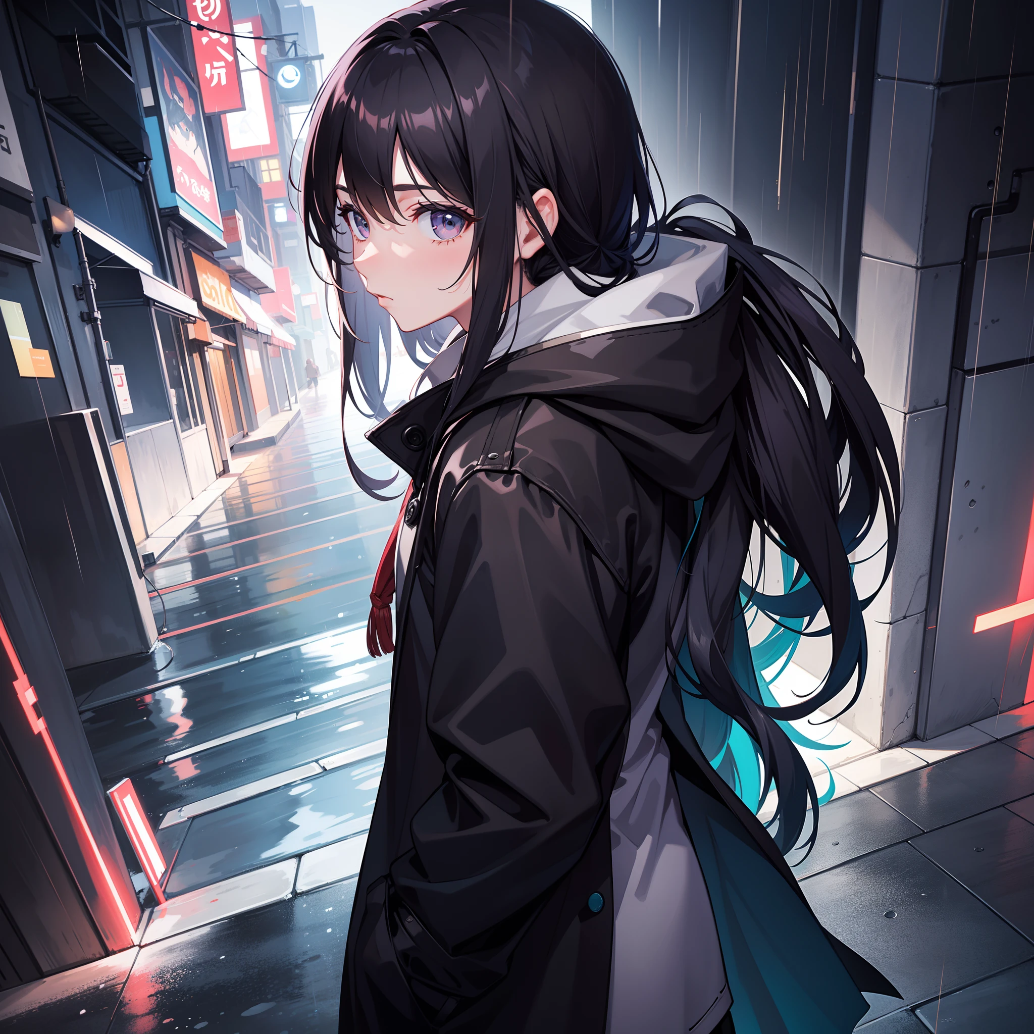 Kizi,Night town,rain,Coat,Hands in pockets,Top view,com rosto detalhado,