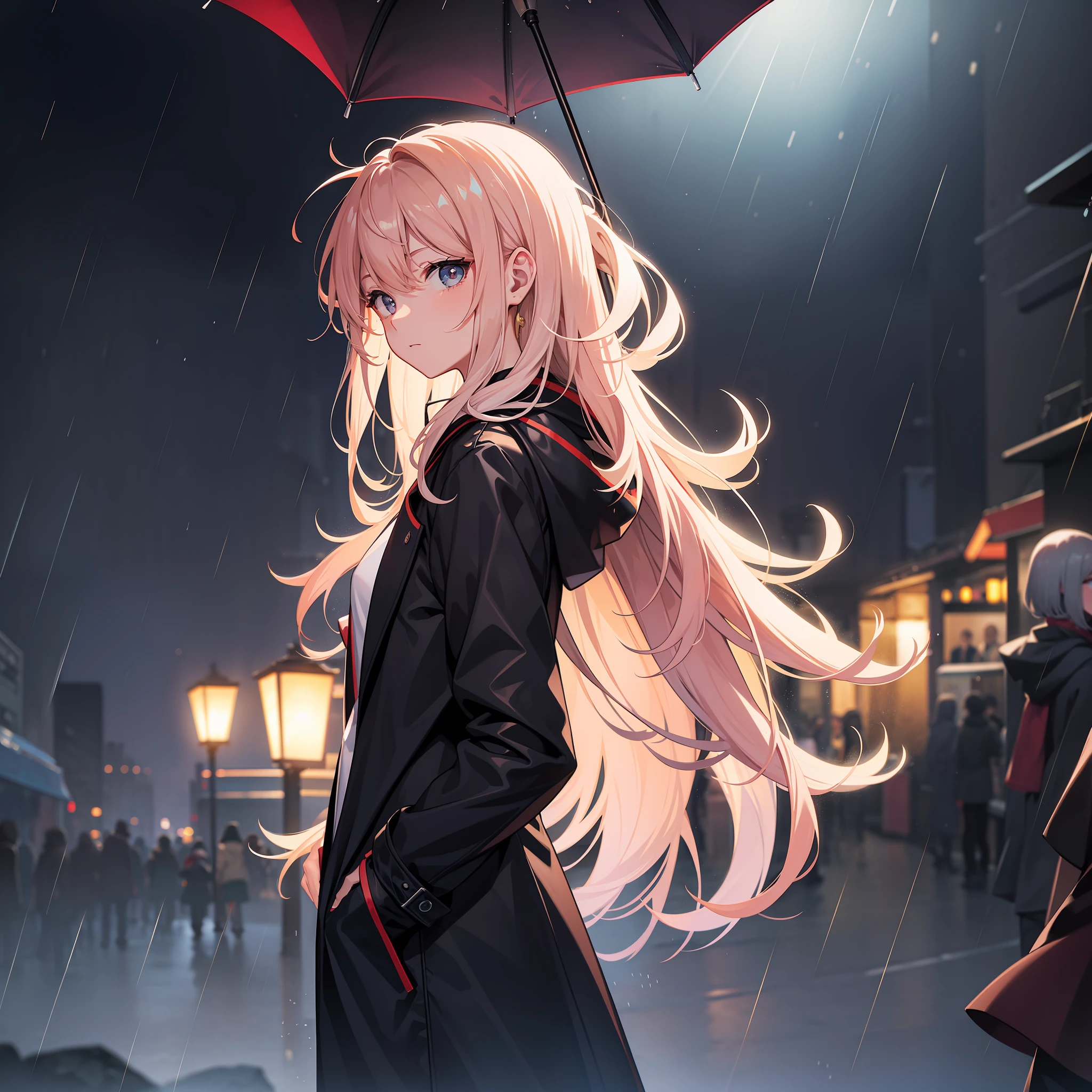 Kizi,Night town,rain,Coat,Hands in pockets,Top view,com rosto detalhado，