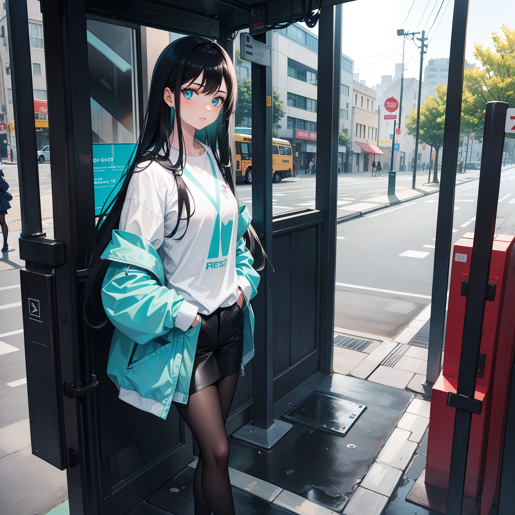 A girl with long black hair,Turquoise eyes,Wear cotton clothing,Put your hands in your pockets,rain,Bus stop,Top view,com rosto detalhado,Black tights,