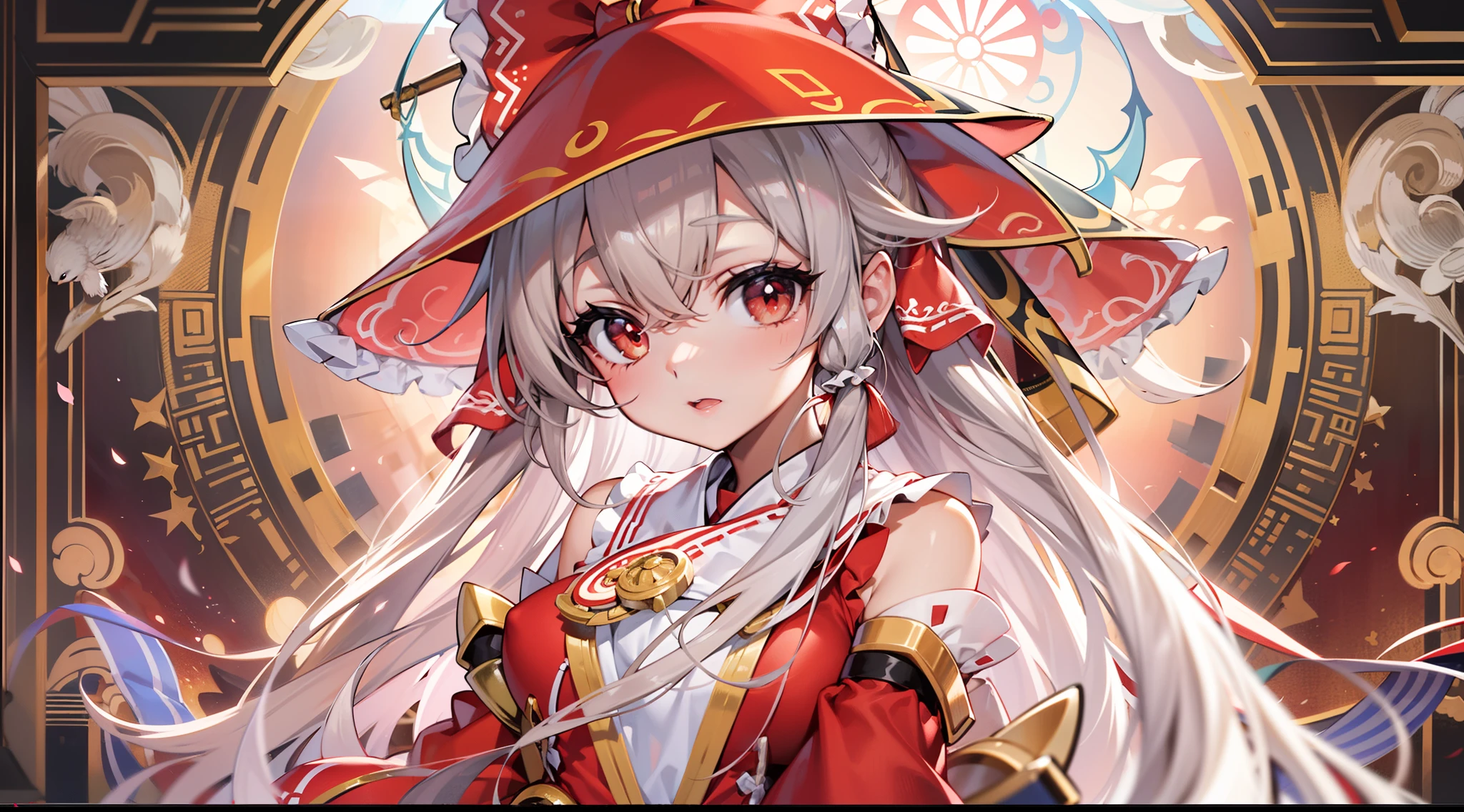 quadratic element,HighestQuali,A high resolution,tmasterpiece,Golden ratio composition,Anime art wallpaper 8k,wide angles,Quaint,(((1girll))),((Hakurei Reimu)),Long silky black hair,(red pupils),red color eyes,Bright and clear eyes,traditionalcostumes,Red and white witch costume,cheeks slightly red,Bow knot,strappy,White cloth socks,white stockings,Small breasts,(slim toned body),perfect body figure,ventania,adolable,having fun,big breasts beautiful,(shrines),Japanese-style murals,reflective light, luz eenvolvente,Soft lighting,Clear facial features,The hands are clear and correct,The human body is structurally correct,The costumes of the characters are clear and correct,The details are complete and clear,