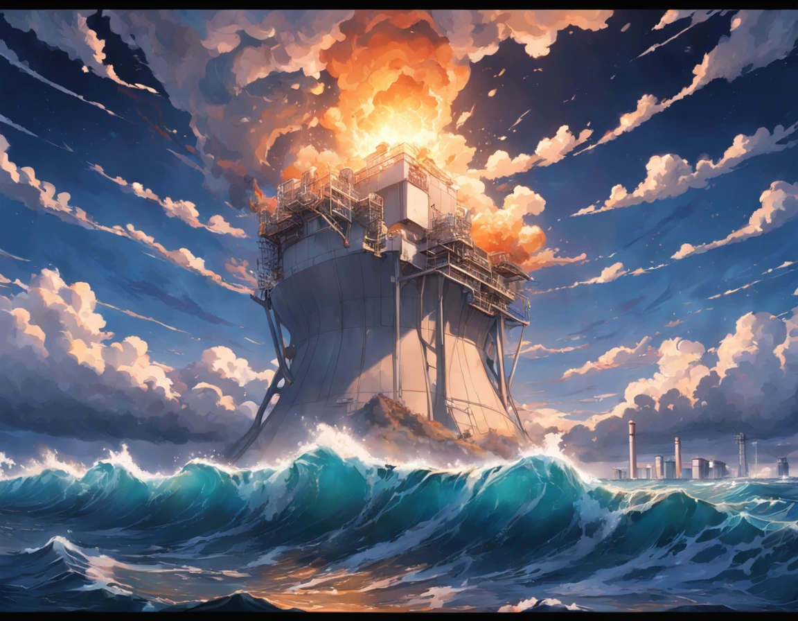 Depicting the appearance of the Fukushima nuclear power plant, Show the drain,Dumping contaminated water into the ocean. Emphasize the contrast between nuclear power plants and the vast sea