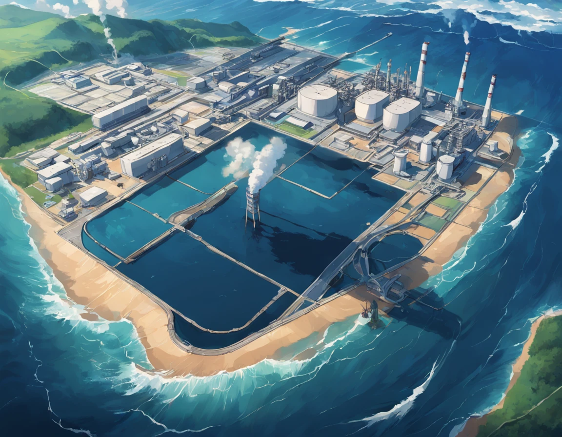 Depicting the appearance of the Fukushima nuclear power plant, Show the drain,Dumping contaminated water into the ocean. Emphasize the contrast between nuclear power plants and the vast sea