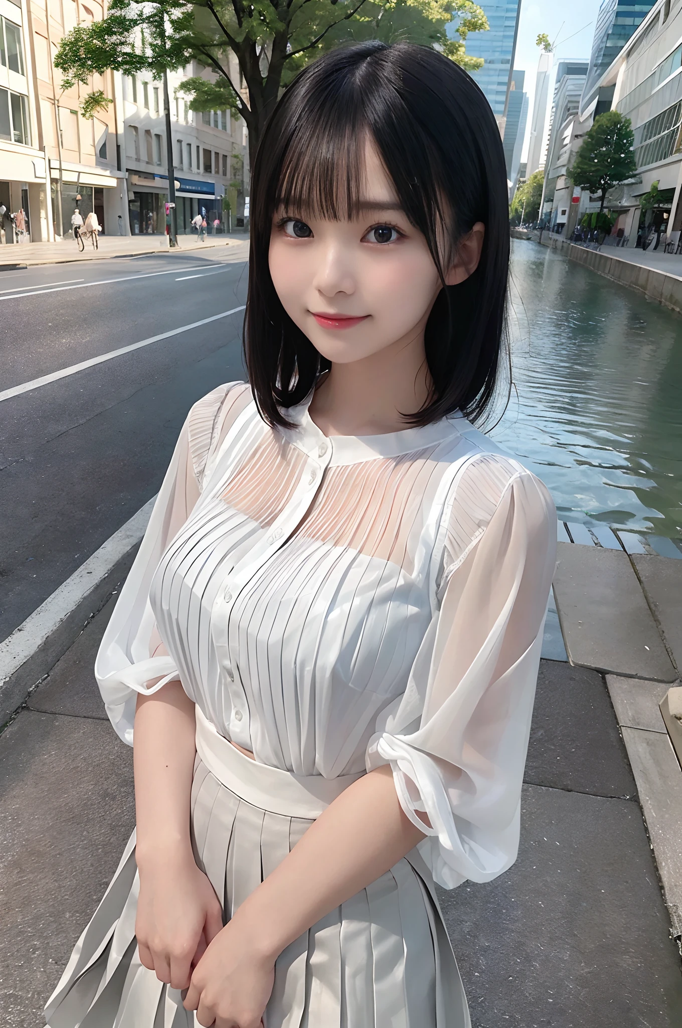 White blouse,Pleated skirt,,middle School girls,Black Hair,bangs,Straight hair,ponytail,Dark Eyes,Small face,Young Face,Clean your eyes,Small Mouth,Showing teeth,thin,Young Face,,Flat Chest,Flat Chest,Flat Chest,Flat Chest,In the city,Realistic photos,8K,smile,White teeth,Ultra HD,Standing posture,whole body,Embarrassing,Pure girl,