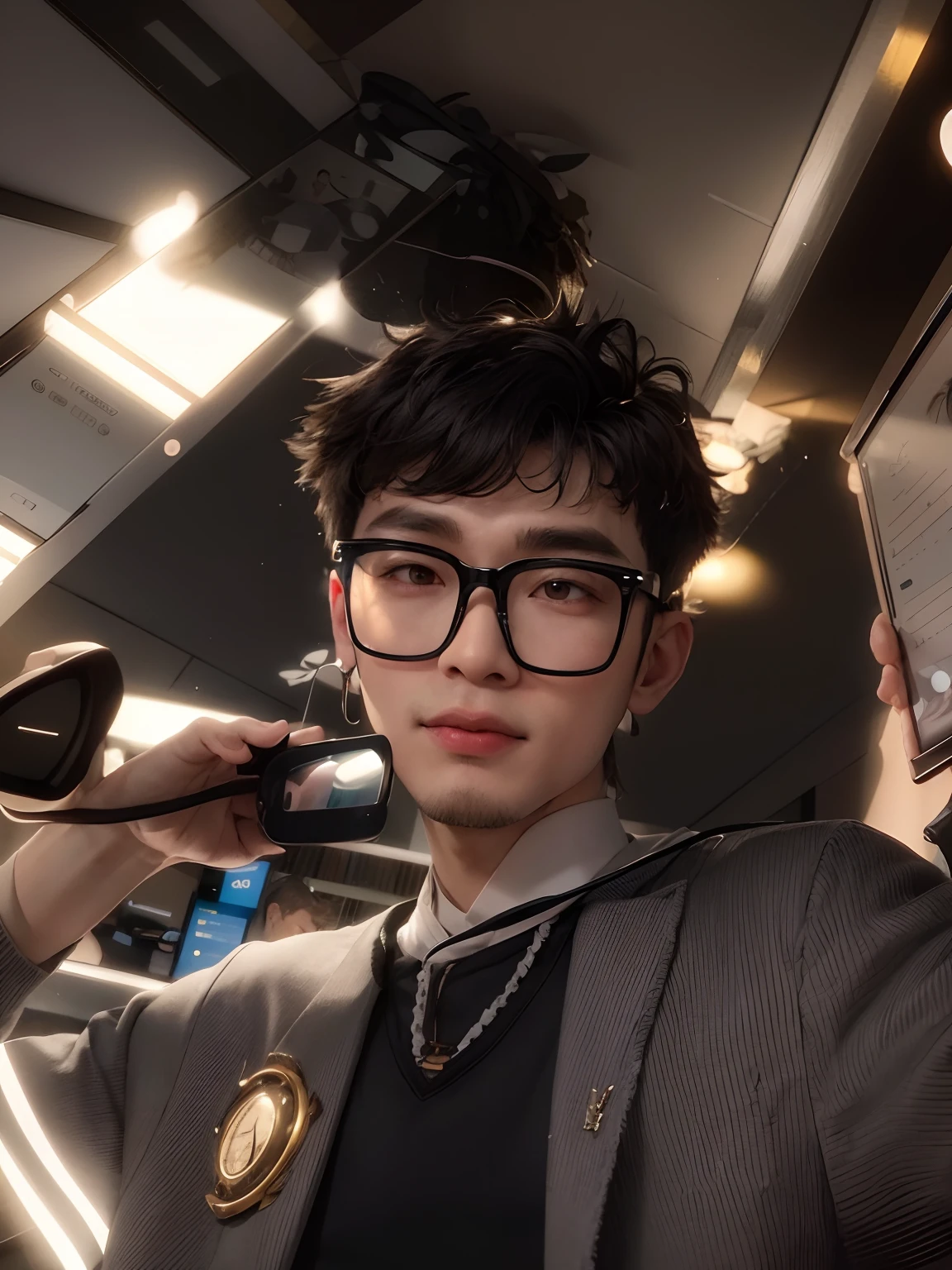 there is a man with glasses talking on a cell phone, ruan cute vtuber, thawan duchanee, cai xukun, with glasses, nivanh chanthara, avatar image, profile picture 1024px, yanjun chengt, spectacled, profile pic, profile image, with glasses on, dang my linh