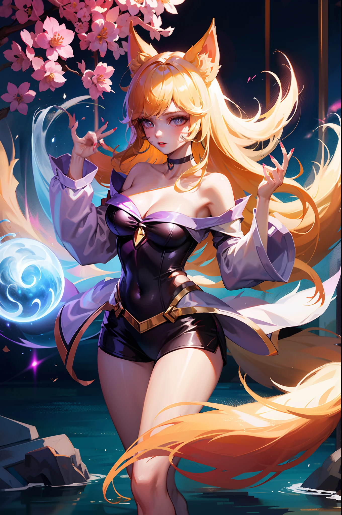 ahri, 1girl, absurdres, ahri_\(league_of_legends\), animal_ears, bangs, bare_shoulders, black_choker, black_leotard, blonde_hair, breasts, brown_eyes, choker, cleavage, collarbone, covered_navel, fox_ears, fox_girl, fox_tail, headset, heart, highres, k/da_\(league_of_legends\), k/da_ahri, league_of_legends, leotard, medium_breasts, multiple_tails, off-shoulder_shirt, off_shoulder, official_alternate_costume, pink_nails, shirt, sketch, solo, tail, white_shirt