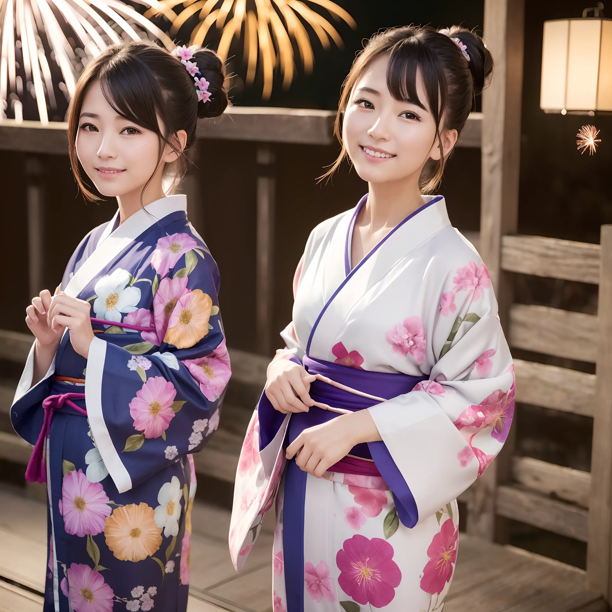 (in 8K、RAW Photos、top-quality、masterpiece:1.2)、(realisitic、Photorealsitic:1.37)、ultra-detailliert、超A high resolution、lighting like a movie、(((Beautiful Japan woman looking up at fireworks)))、A smile、woman wearing the kimono、classy yukata clothing、Wearing a colorful yukata、Wearing a kimono、japanese kimono、wearing a haori、Yukata with morning glory pattern、Have a yoyo、Have a fan、dynamic ungle、动态照明