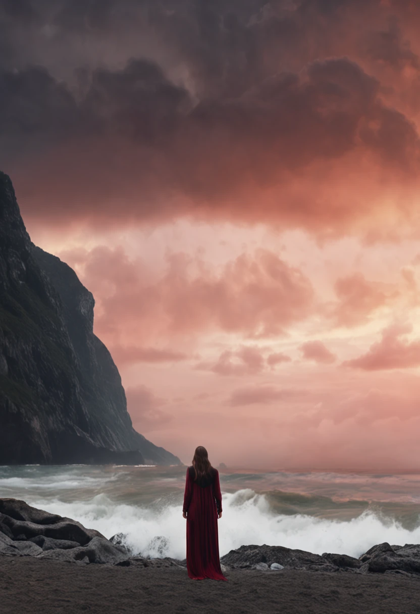 mulher realista, vestido preto, pele morena, triste, ambiente escuro, 4k