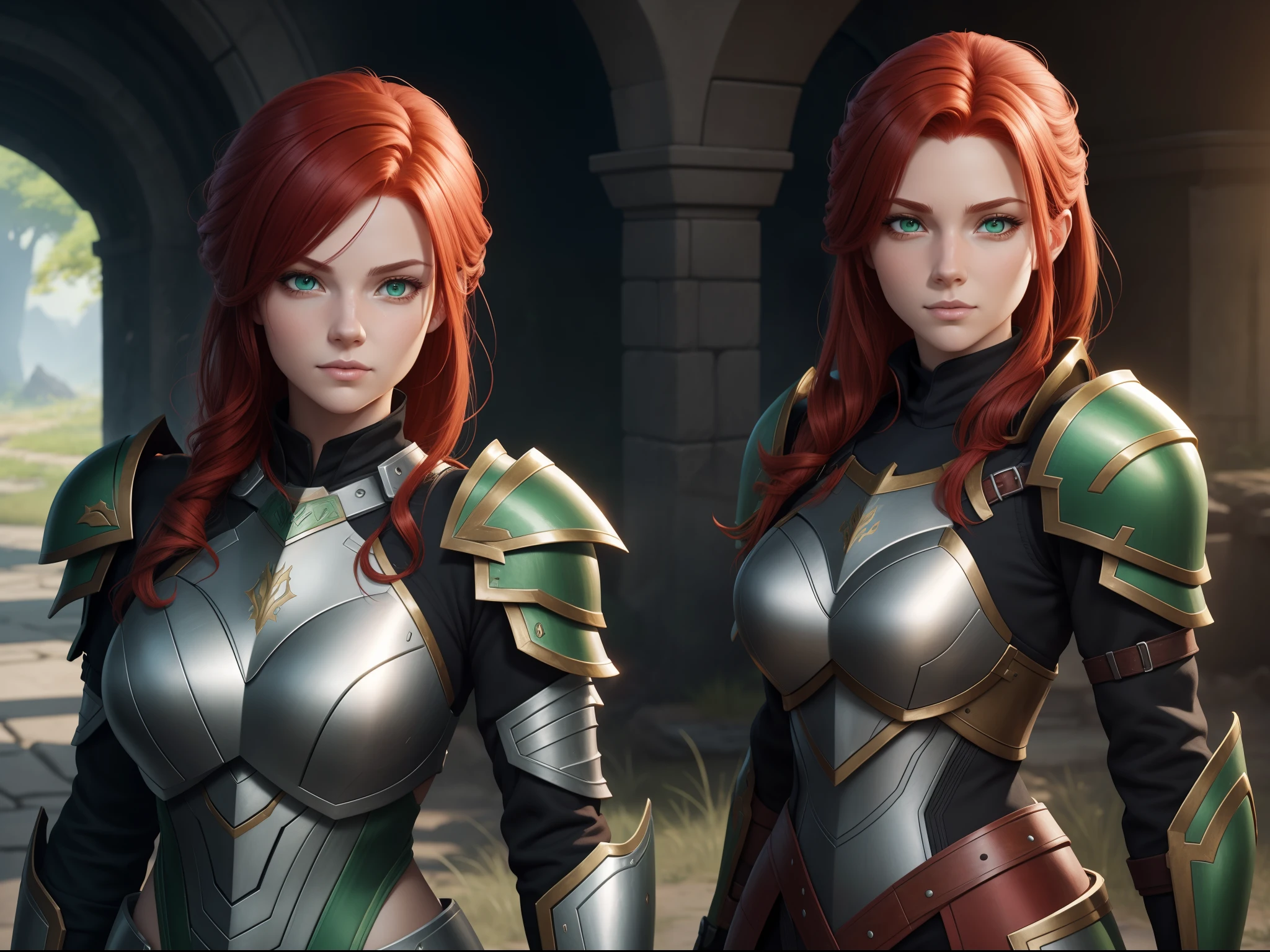 A female character wearing the same armor,Red hair and green eyes, in the style of unreal engine, full bodyesbian, Soft Shading, Beautiful and loving illustrations for children's books in a consistent style