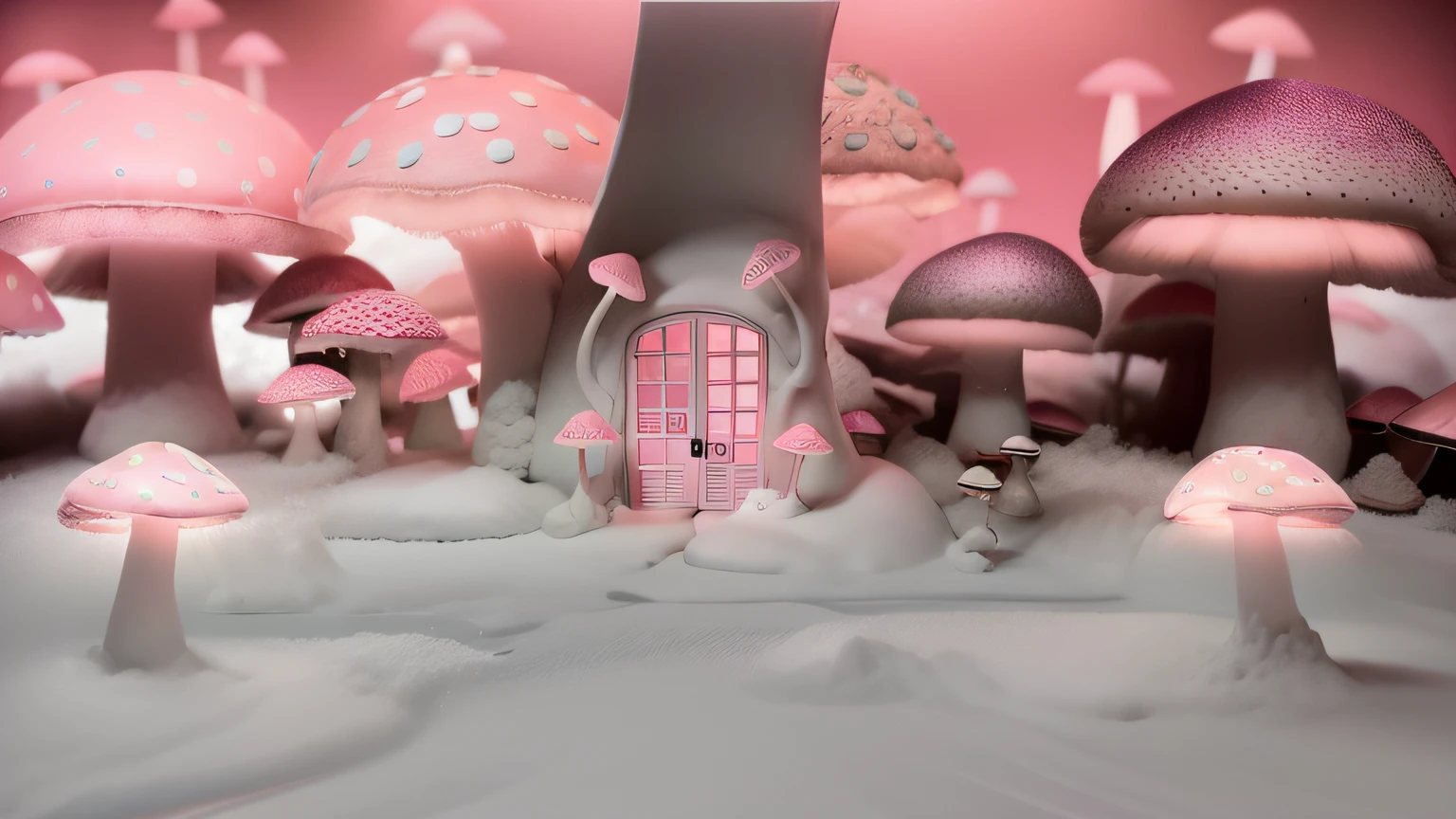 Cotton Model. mushrooms neon pink. Maquete. mushrooms neon. White snow Cotton. Maquete. Porta de madeira maquete. Cotton on the floor
