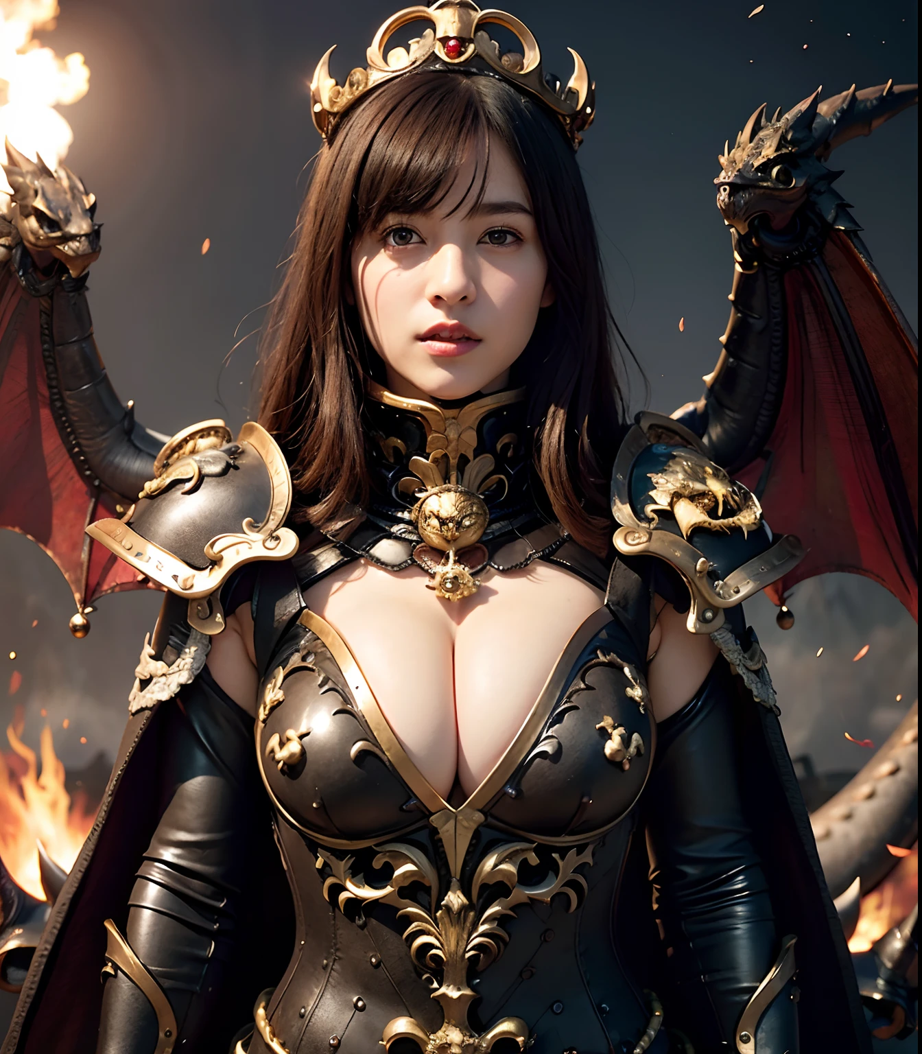 Professional , ​masterpiece、top-quality、photos realistic , depth of fields （Gemstone Black Metal Body:1.９),(Enamel Black、（cleavage of the breast）、Dragon Gold Weapon（Dragon Metal Body:1.４),Gorgeous gold weapons ,（（ Dragon's dense and gorgeous sword）） , Beautiful knife   ,warhammer 40k , adepta sororitas,Detail and gorgeous crown、（（Brown hair））、（Castle background）、The dragon、（（Gangle's forest background））、Beautiful Caucasian beauty、（１a person）、dynamic ungle,(((Detailed and ornate Black Devil Crown)))、Smaller head、A smile、Castle background、Thin and beautiful female hands、cleavage of the breast、Soldier in iron armor on background、Mystical expression、Light Effects、Wind-effect、magic circles、With the legendary magic wand、（demonic wings）、Toostock、