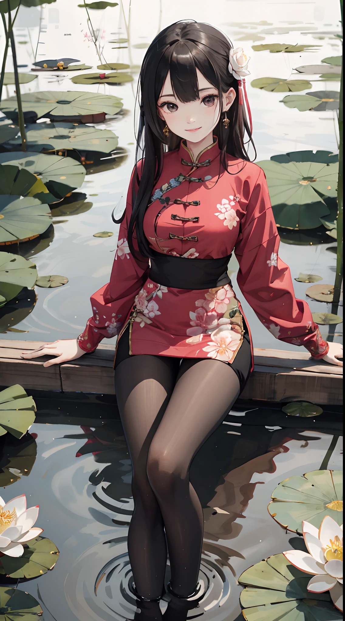 hoang lap，8K high resolution，ultra - detailed，（1girll：1.3），handpainted，Simple lines，16-year-old girl wearing pink Chinese clothes and black pantyhose，beuaty girl，In the lotus pond，tmasterpiece，Sit on a plank floating in the water，Floating hair，looking toward the viewer，ssmile，posed for photo，
