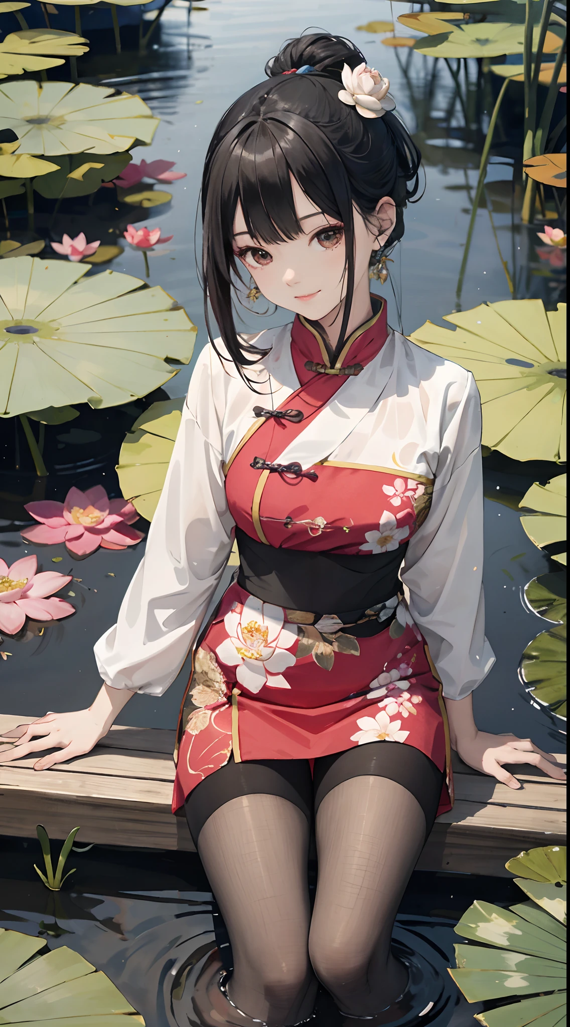 hoang lap,A high resolution,hyper detailled,(1girl huge large breasts:1.3),handpainted,Simple lines,16 year old girl wearing colorful Chinese dress,beautiful a girl,In a lotus pond where lotus flowers bloom,a masterpiece of,sitting in water,floating clothes,Floating hair