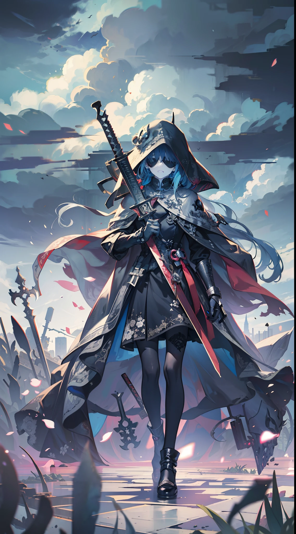 ((Masterpiece, Best quality, illustration)), chaos theme, horror theme, A girl, covering eyes, Mask, skull, head gear, skeletal armor, skeleton print, Armored dress, floating capelet, jacket removed, Solo, Many planted_sword, 废墟, Cloudy sky, nevando, Dark lighting