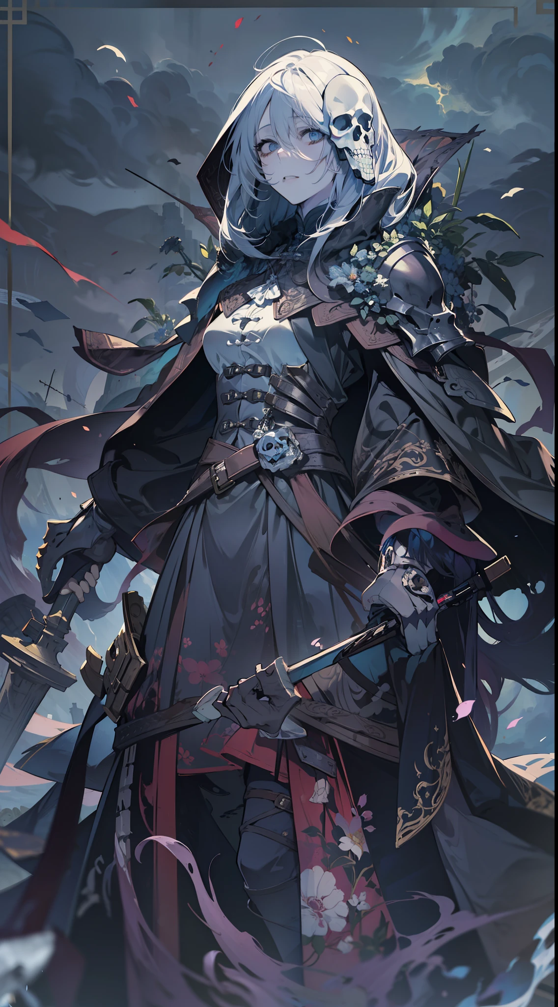 ((Masterpiece, Best quality, illustration)), chaos theme, horror theme, A girl, covering eyes, Mask, skull, head gear, skeletal armor, skeleton print, Armored dress, floating capelet, jacket removed, Solo, Many planted_sword, 废墟, Cloudy sky, nevando, Dark lighting